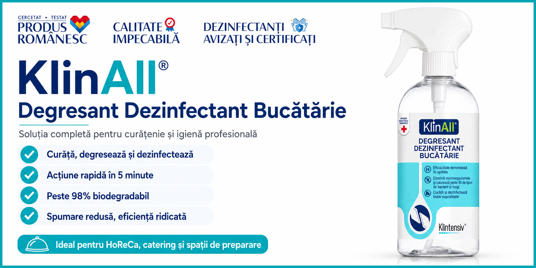 KlinAll Degresant Dezinfectant Bucătărie Klintensiv, curăță, degresează și dezinfectează &icirc;n 5 minute, biodegradabil peste 98%, pentru HoReCa și uz profesional, 500 ml, 4x Stickere