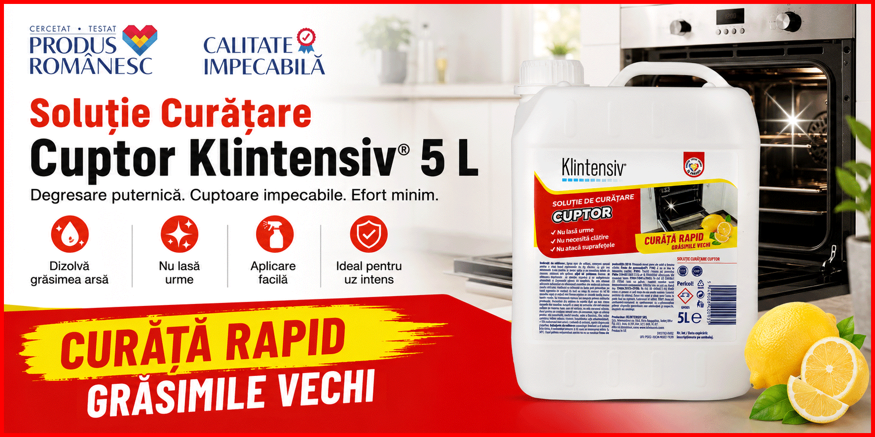 Soluție curățare cuptor Klintensiv, degresant profesional pentru grăsime arsă și depuneri carbonizate, pentru cuptoare, plite, tăvi, grătare și inox, 5 L, 4x Stickere