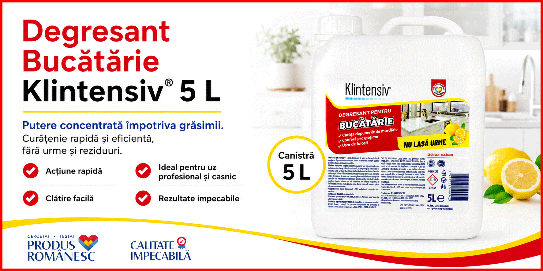 Degresant bucătărie Klintensiv, soluție profesională pentru grăsime arsă și murdărie persistentă, pentru hote, plite, cuptoare, grătare, tăvi, inox și suprafețe lavabile, 5 L, 4x Stickere