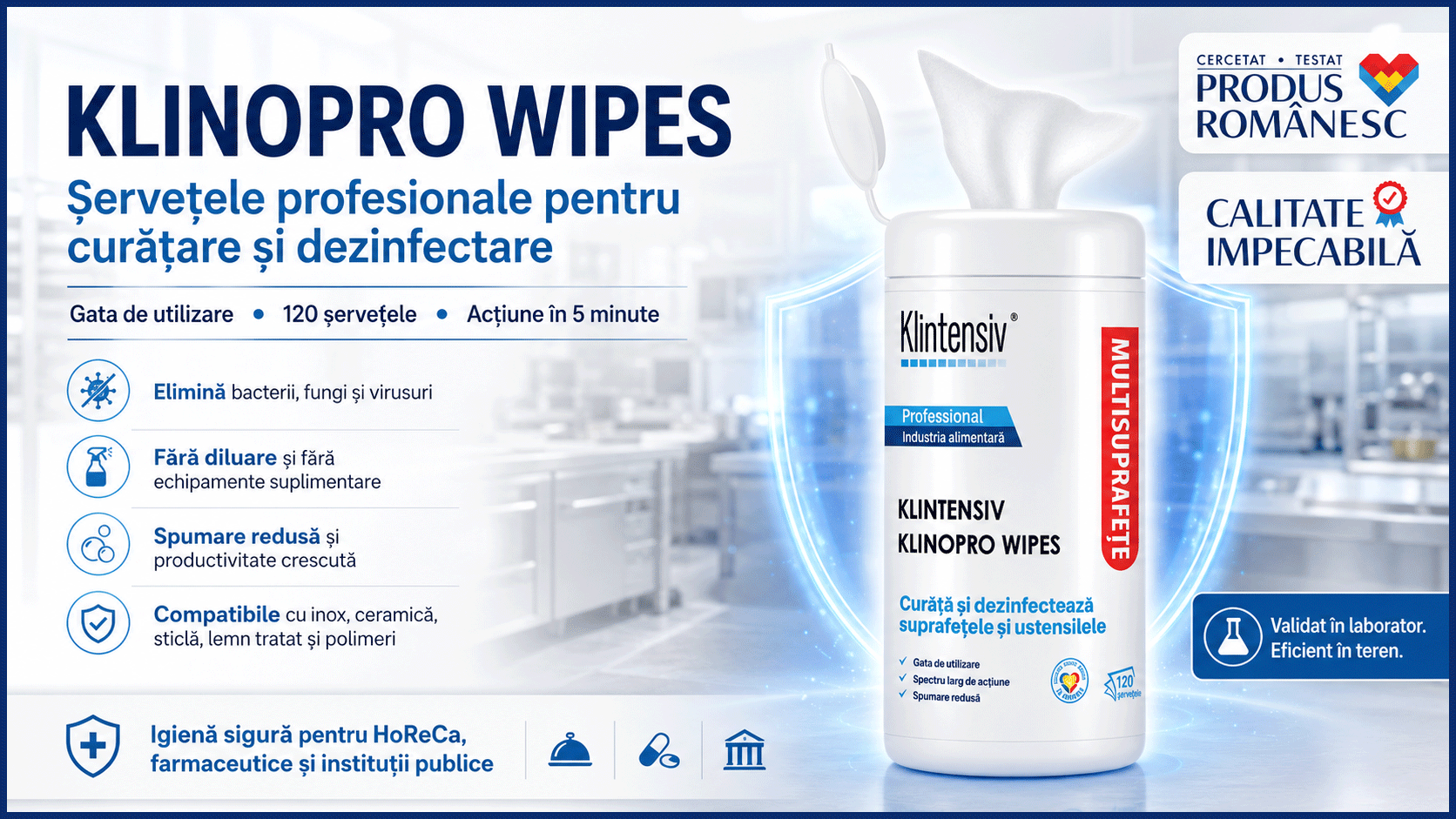 Banner Klinopro Wipes șervețele profesionale pentru curățare și dezinfectare suprafețe