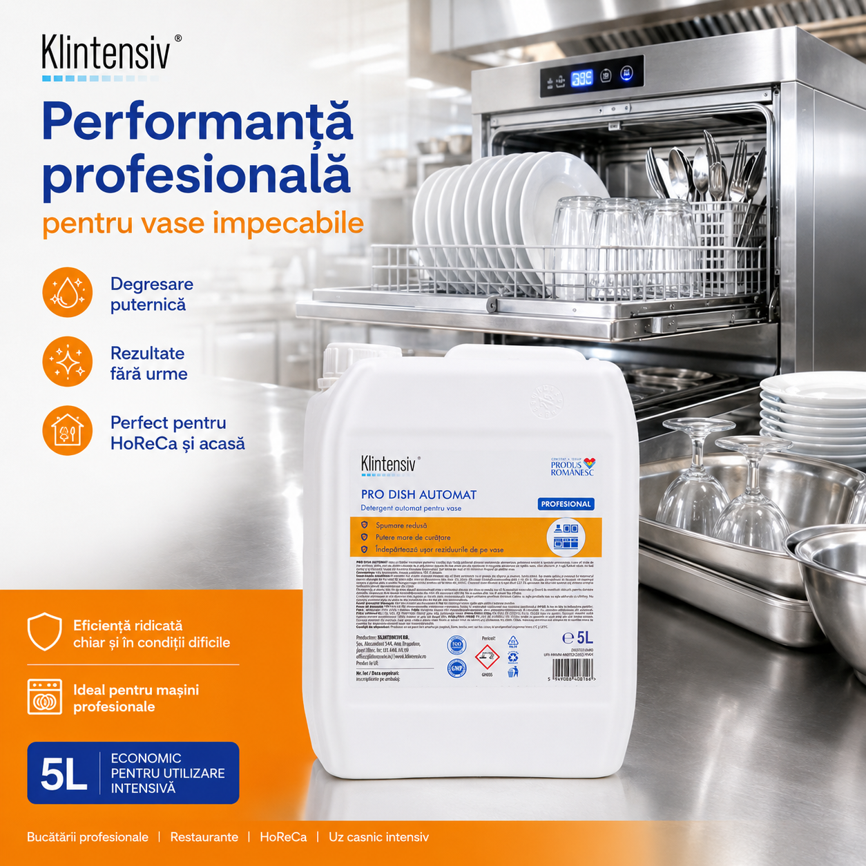 Detergent alcalin Klintensiv PRO DISH pentru mașini de spălat vase industriale și profesionale