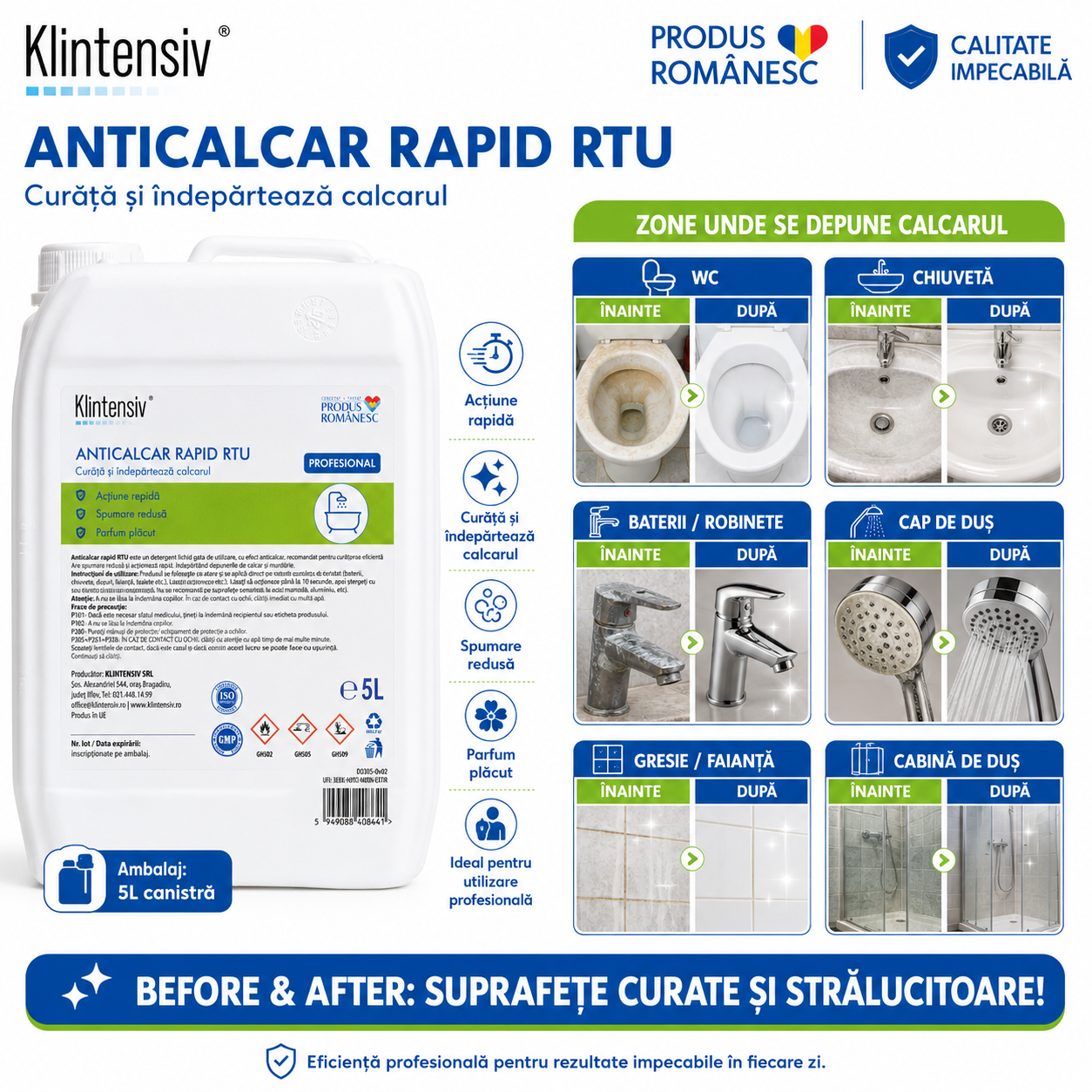 Anticalcar Rapid RTU Klintensiv pentru baie bucătărie calcar urme de apă și murdărie minerală