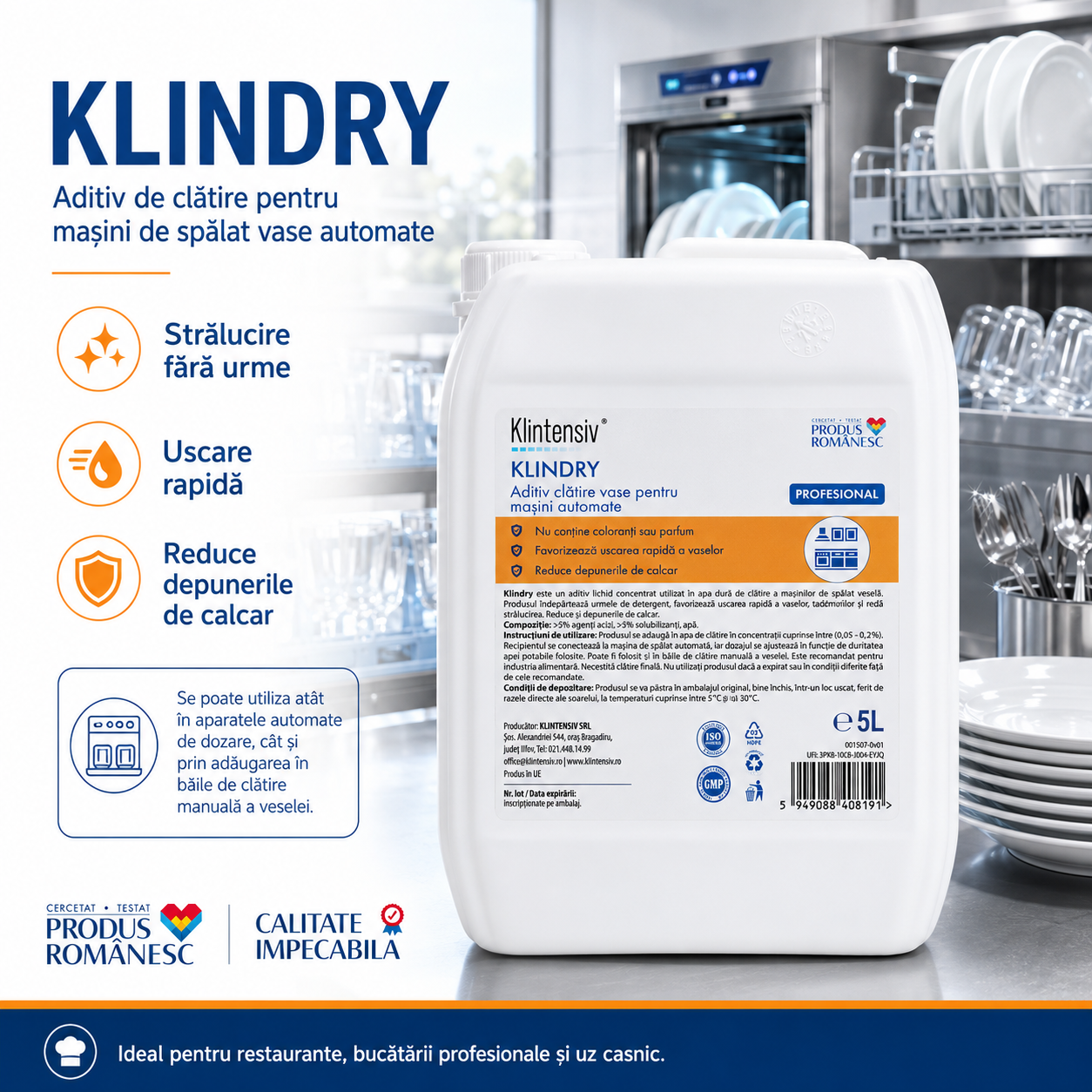 Aditiv de clătire Klintensiv KLINDRY pentru pahare veselă inox porțelan și tac&acirc;muri