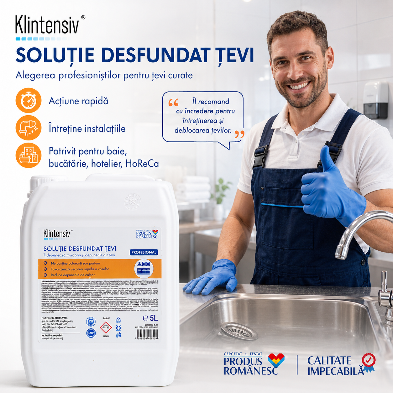 Soluție desfundat țevi Klintensiv pentru chiuvete lavoare dușuri și scurgeri pardoseală