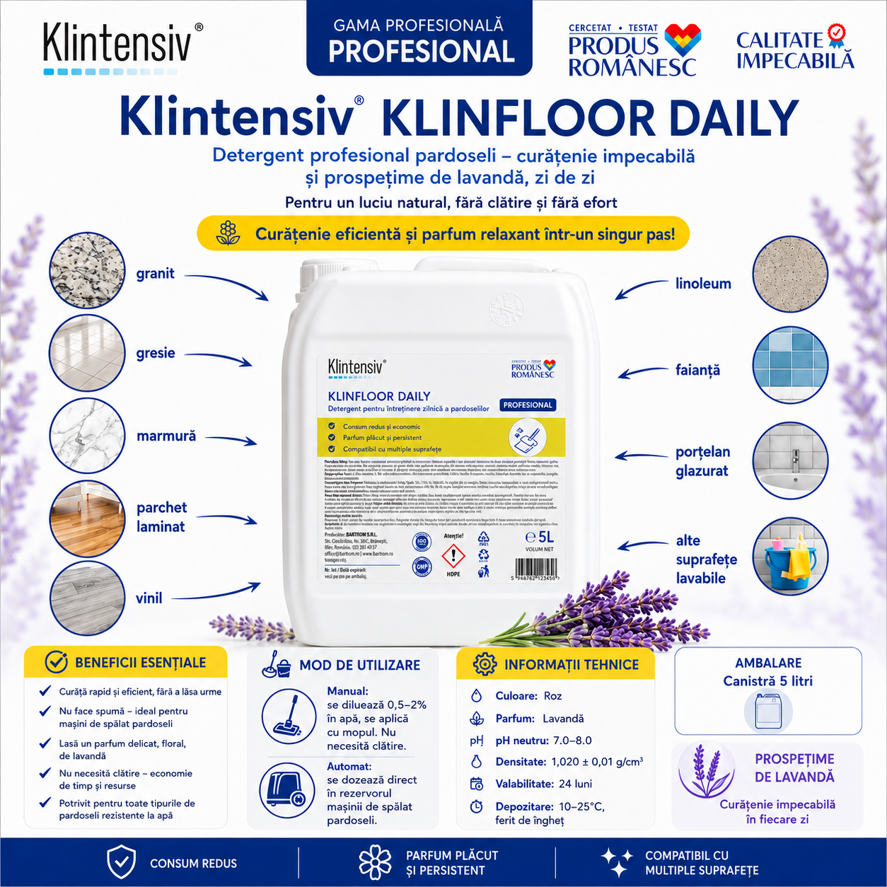 Detergent pardoseli Klintensiv KLINFLOOR DAILY curățare zilnică fără clătire