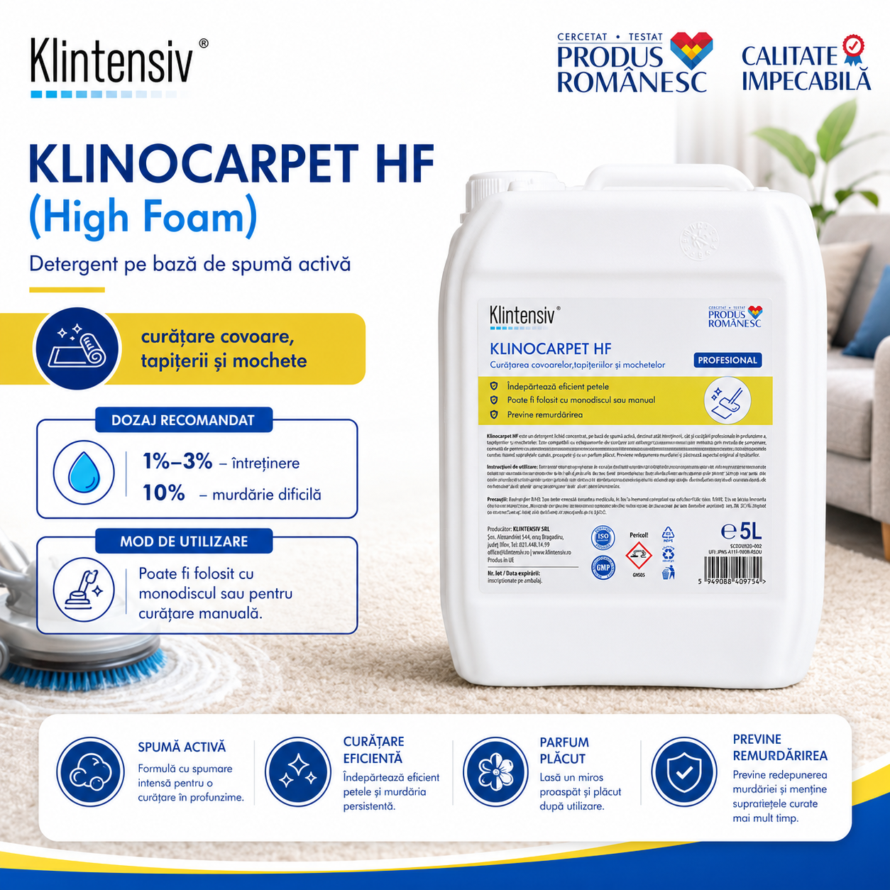 Detergent Klintensiv KLINOCARPET HF pentru curățare profundă prin șamponare