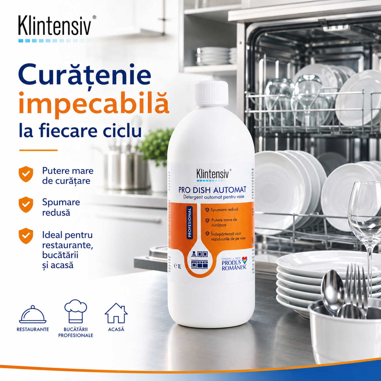 Detergent alcalin Klintensiv PRO DISH pentru mașini de spălat vase industriale și profesionale