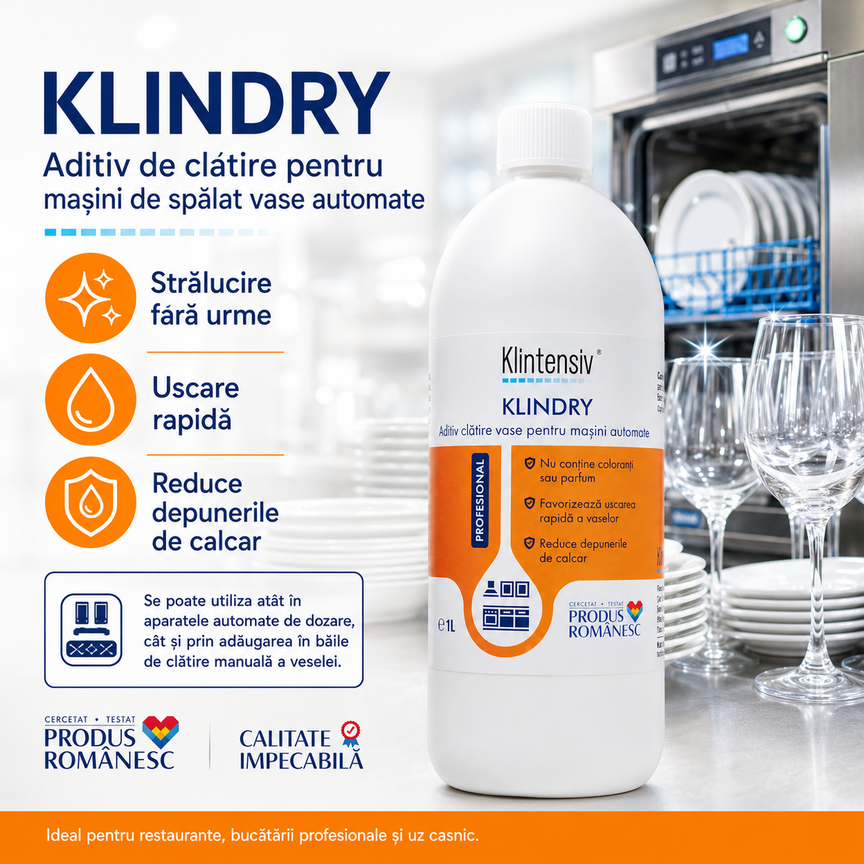 Aditiv de clătire Klintensiv KLINDRY pentru pahare veselă inox porțelan și tacâmuri
