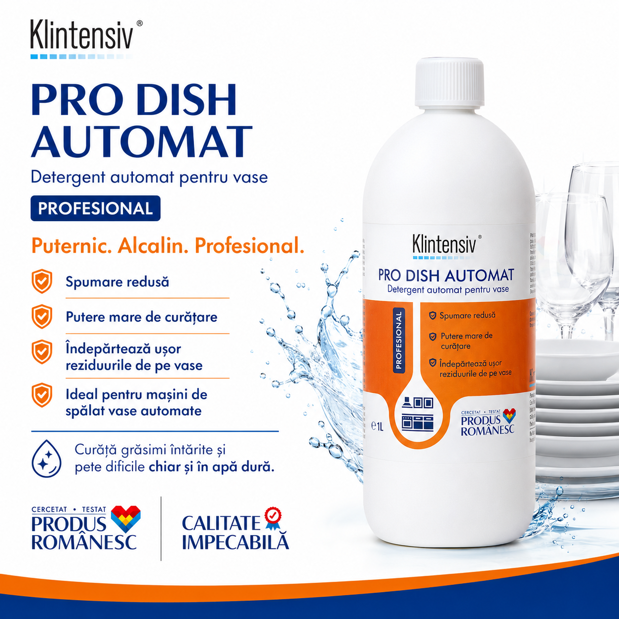 Beneficii Klintensiv PRO DISH spumare redusă degresare puternică anti calcar fără parfum