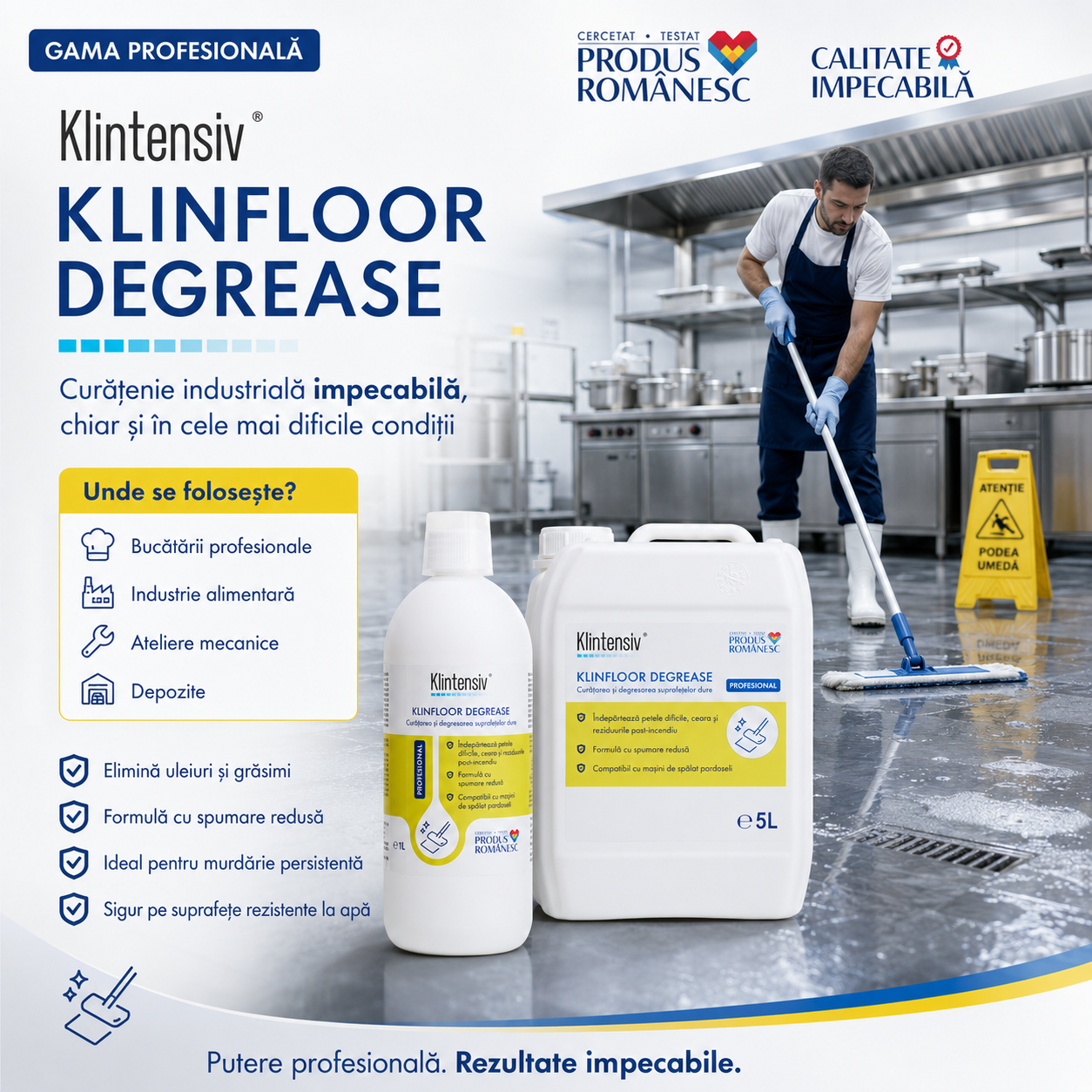 Beneficii Klintensiv KLINFLOOR DEGREASE degresare profundă pH alcalin fără parfum