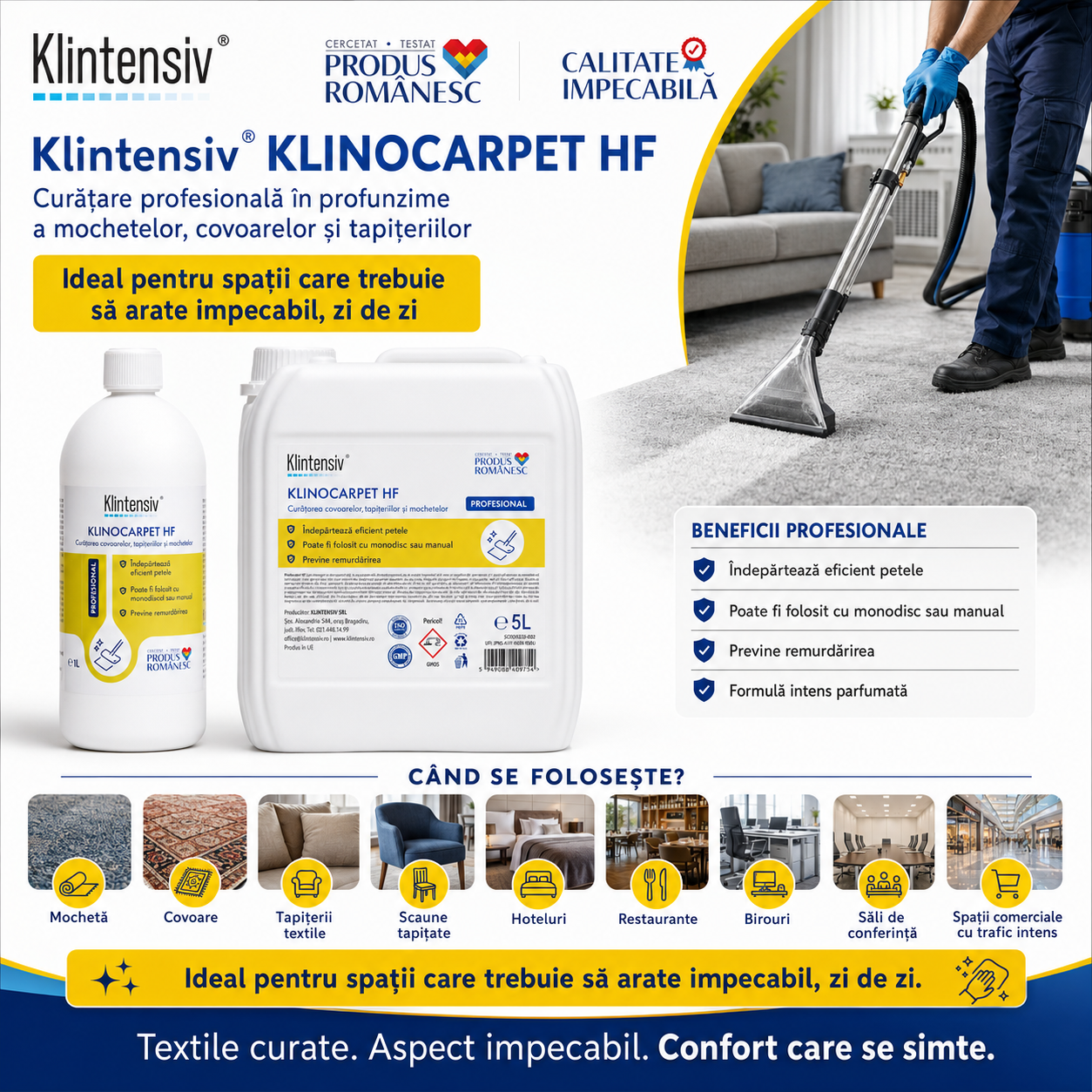 Beneficii Klintensiv KLINOCARPET HF spumă activă curățare profundă parfum intens biodegradabil