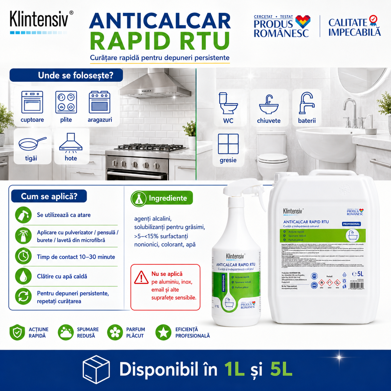 Beneficii Klintensiv Anticalcar Rapid RTU acțiune rapidă spumare redusă parfum plăcut