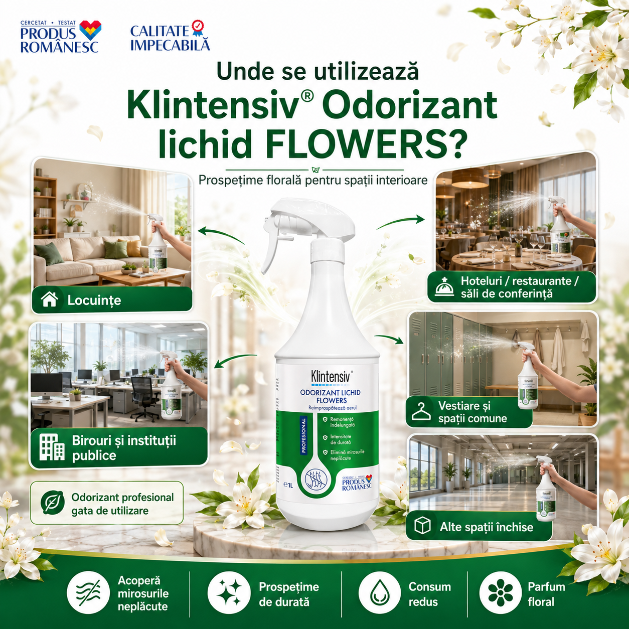 Beneficii Klintensiv Flowers parfum floral persistent consum redus gata de utilizare