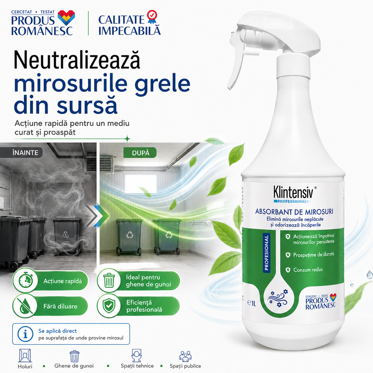 Beneficii Klintensiv Absorbant de mirosuri neutralizare mirosuri persistente prospețime de durată