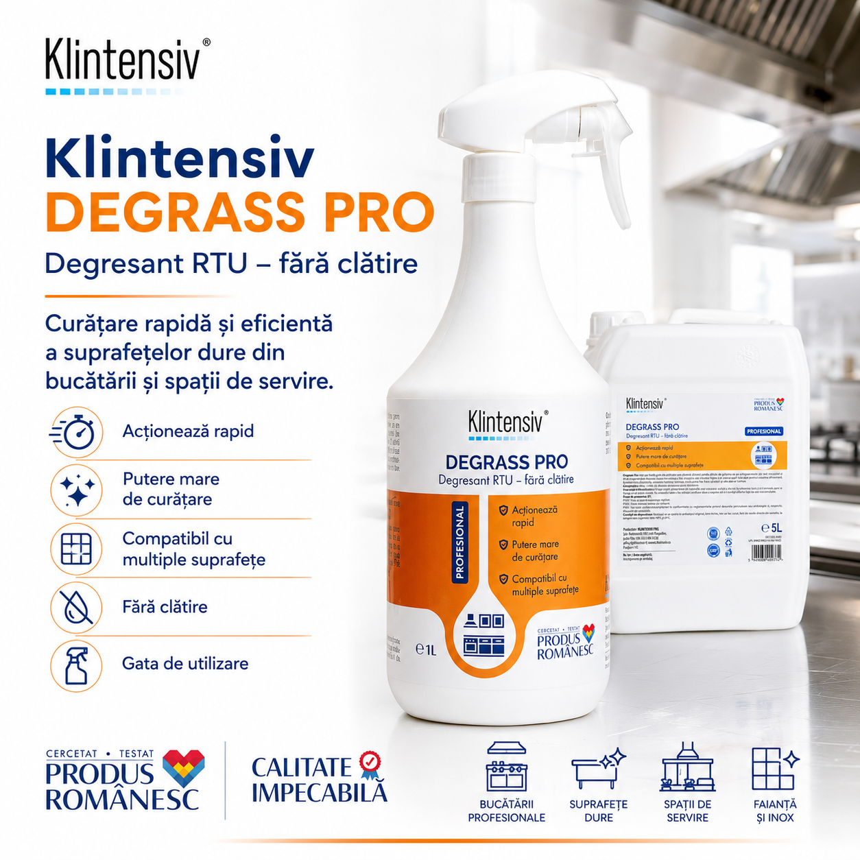 Beneficii Klintensiv DEGRASS Pro &icirc;ndepărtează grăsimi uscare rapidă fără urme biodegradabil