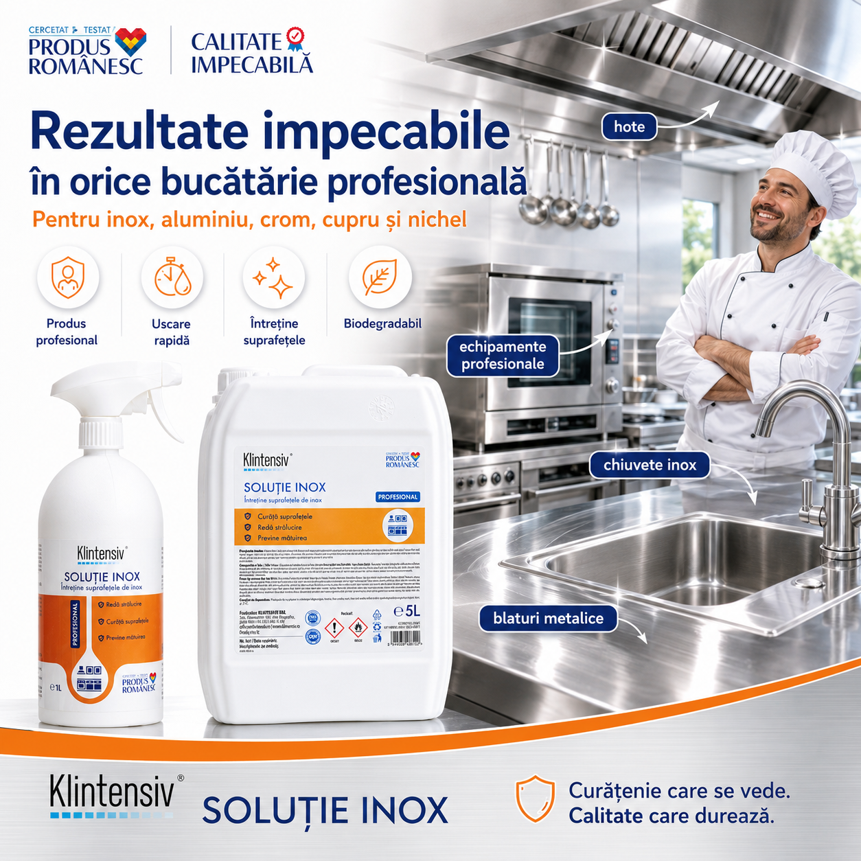 Beneficii Klintensiv Soluție Inox curăță calcar grăsime detergent protejează luciul