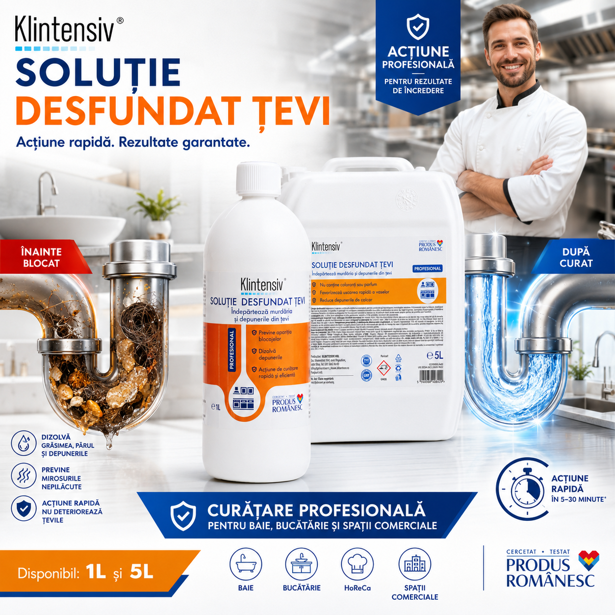 Beneficii Klintensiv soluție desfundat țevi dizolvă grăsime păr reziduuri alimentare și mirosuri