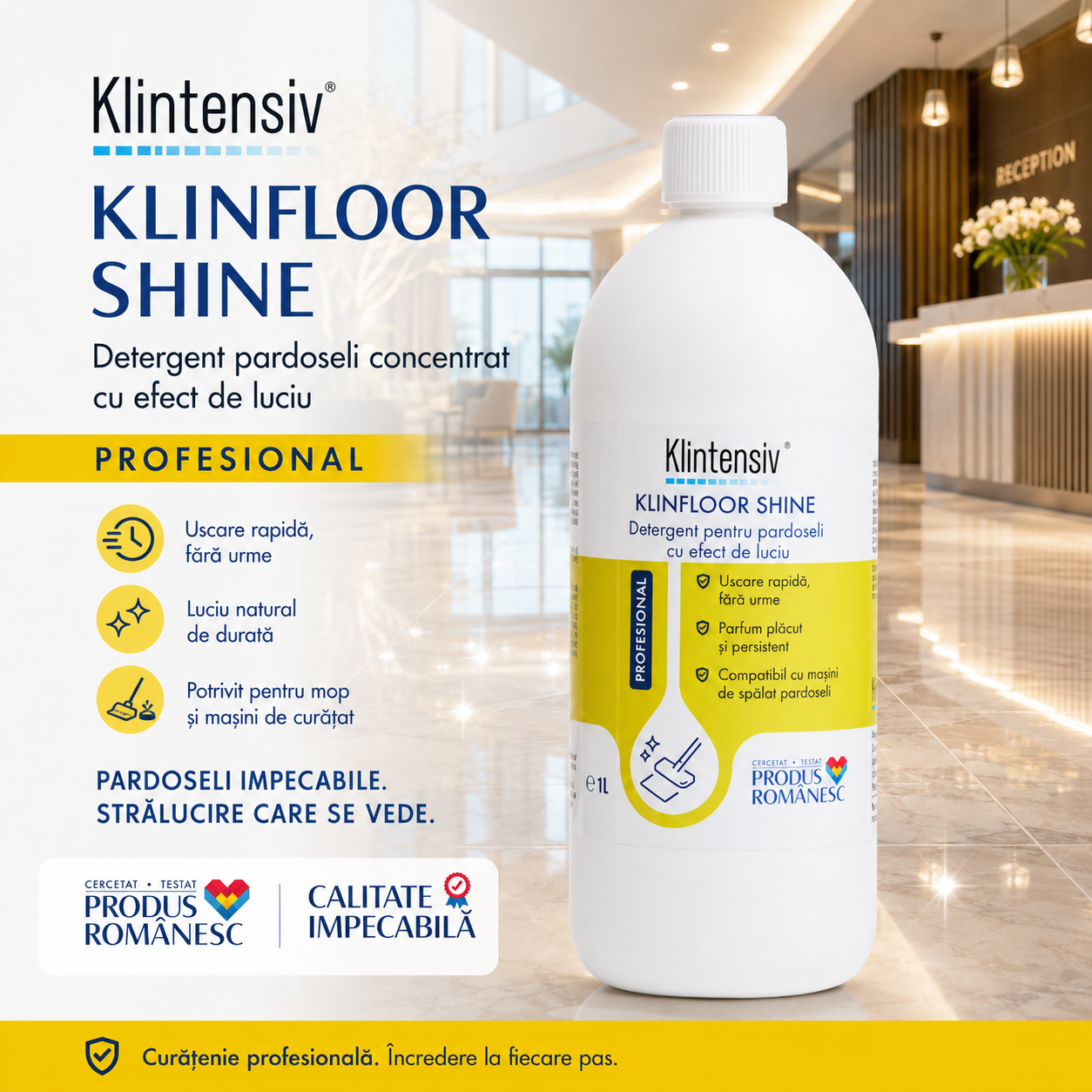 Beneficii Klintensiv KLINFLOOR SHINE uscare rapidă fără clătire luciu parfum plăcut