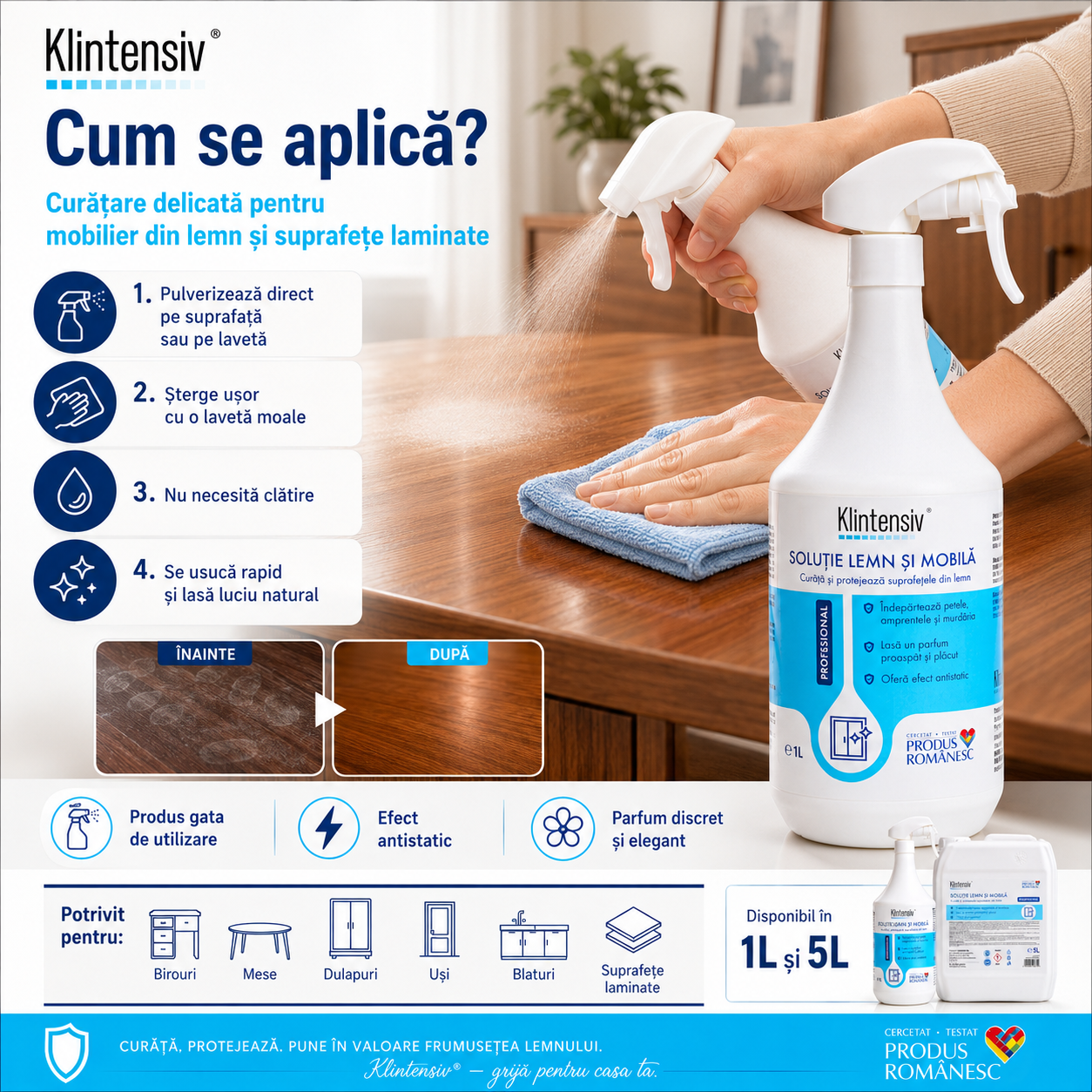 Suprafețe recomandate pentru soluția Klintensiv lemn și mobilă
