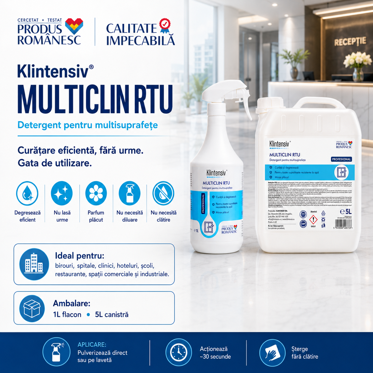 Suprafețe compatibile Klintensiv MultiClin RTU inox plastic sticlă PAL lemn gresie ceramică
