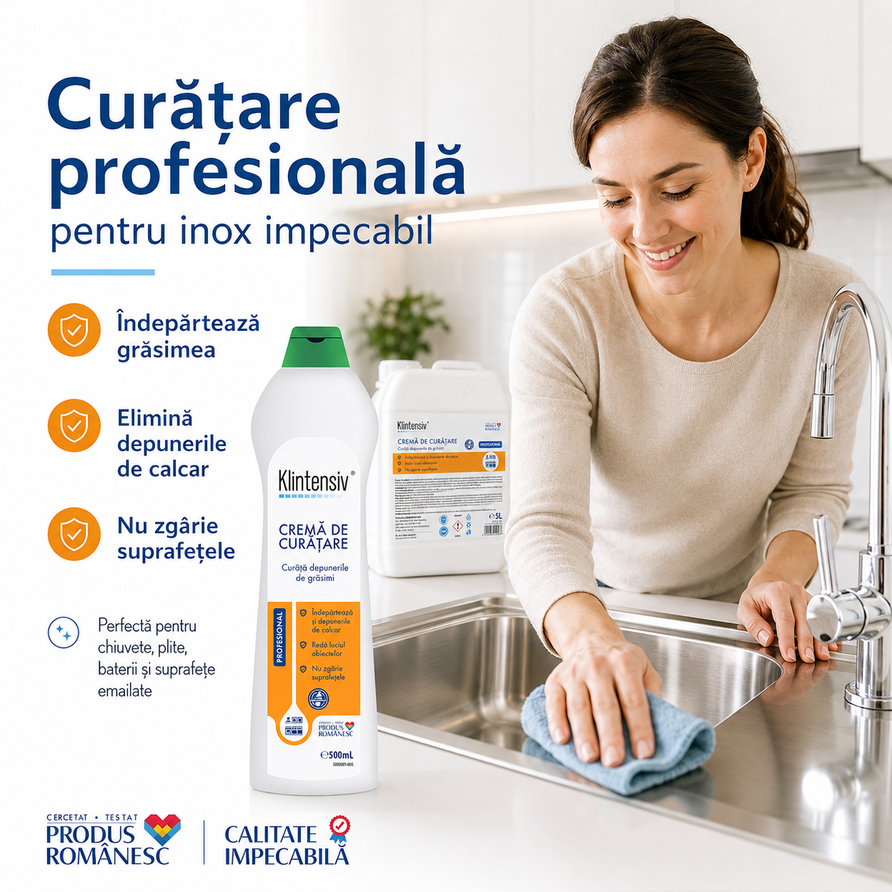Klintensiv cremă curățare pentru plite inox ceramică porțelan email sticlă și baterii sanitare
