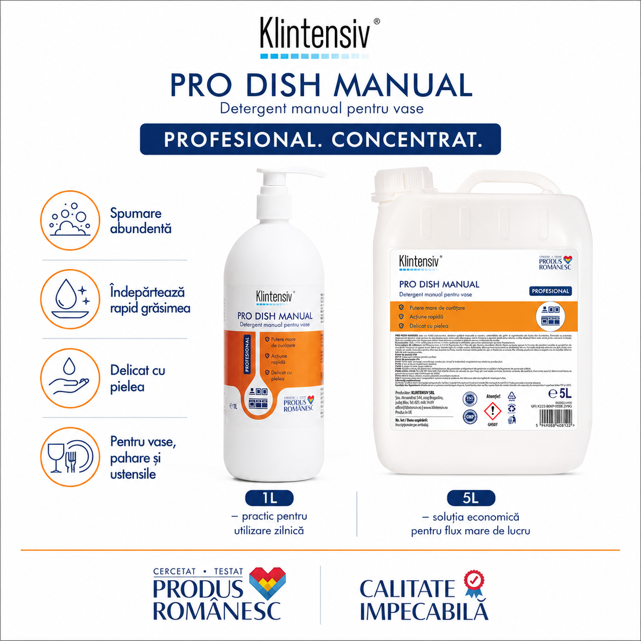 Instrucțiuni utilizare detergent vase Klintensiv PRO DISH 3-5 ml la 1 litru de apă