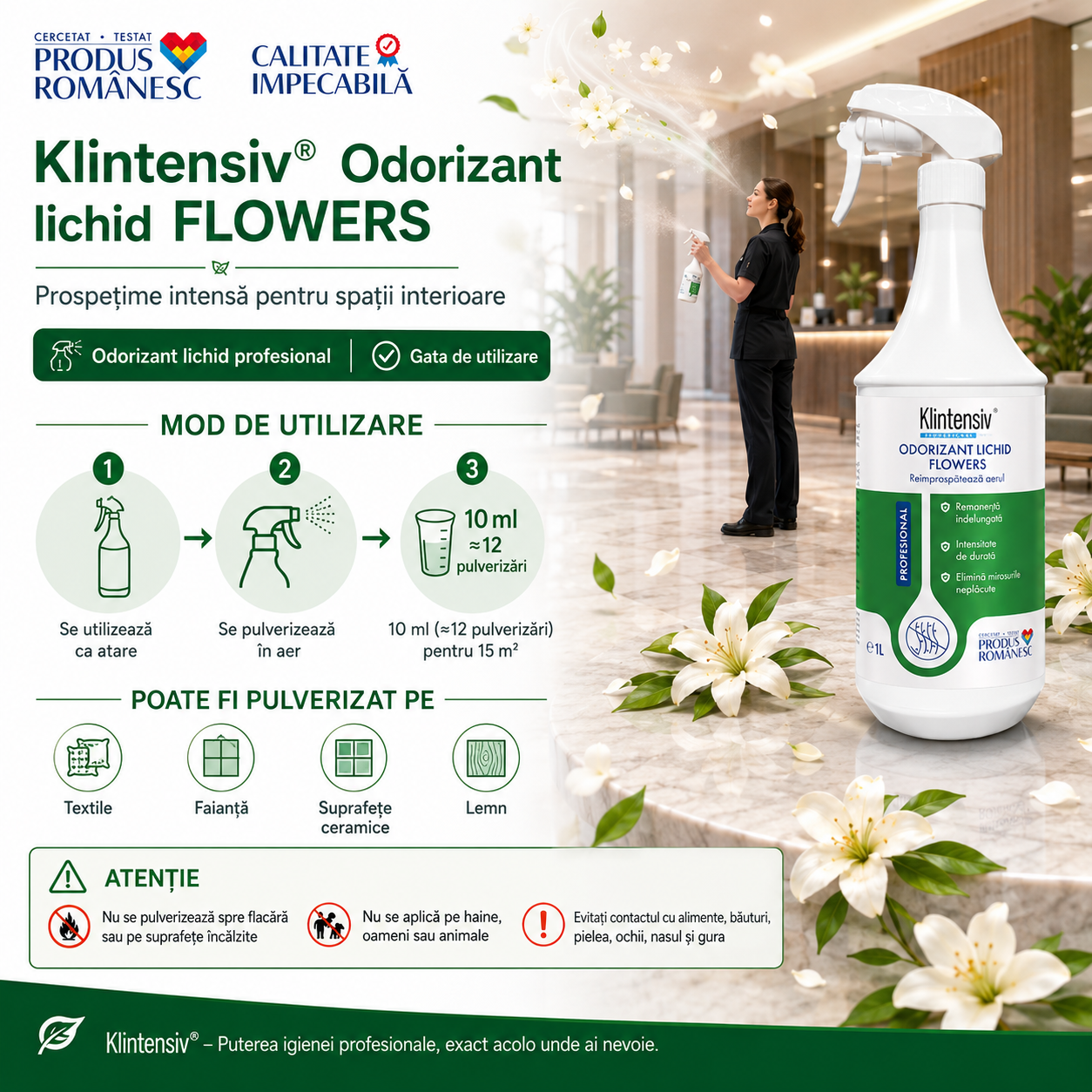 Instrucțiuni utilizare Klintensiv Flowers pulverizare în aer 10 ml pentru 15 metri pătrați