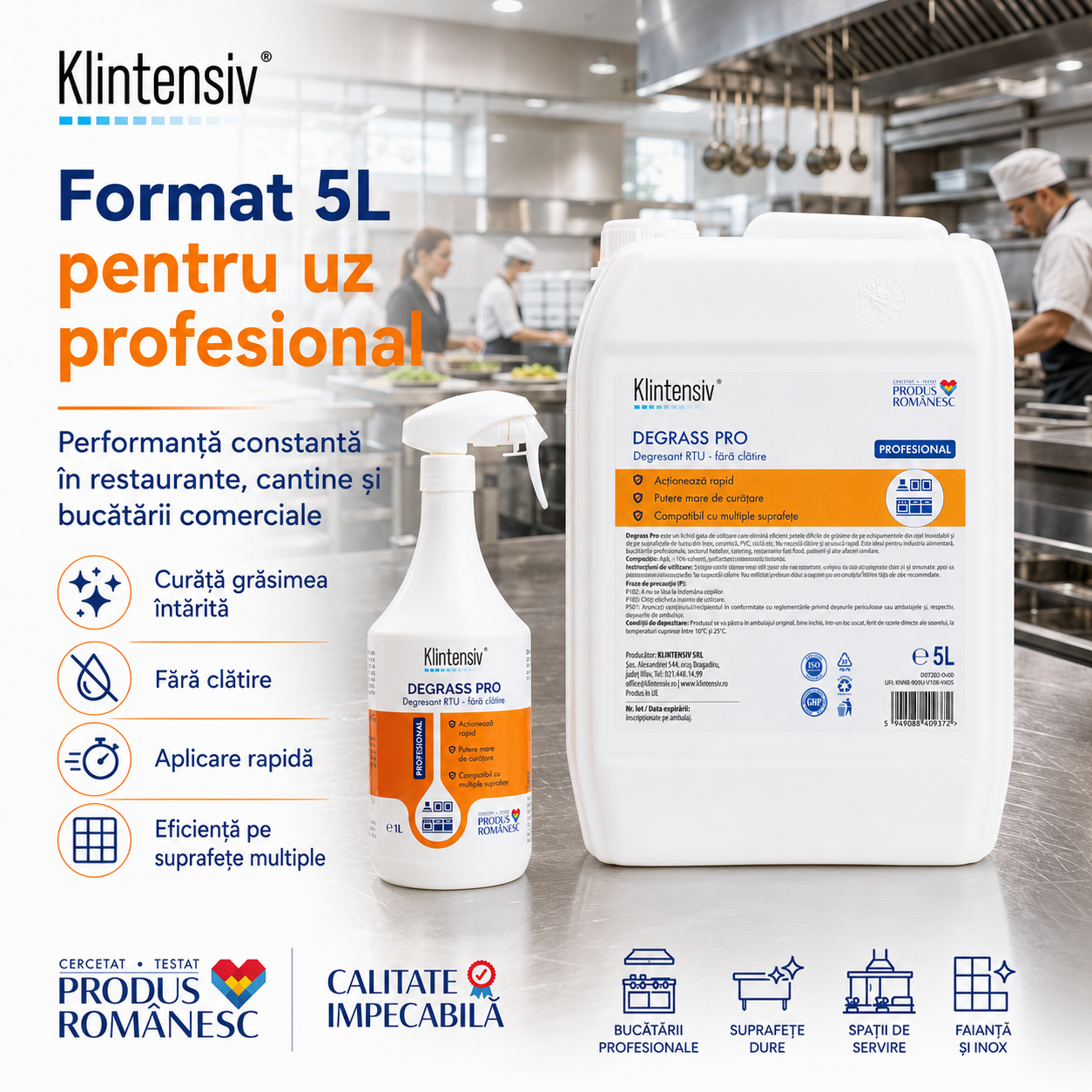 Suprafețe compatibile Klintensiv DEGRASS Pro plastic metal lemn lăcuit PAL faianță ceramică marmură granit