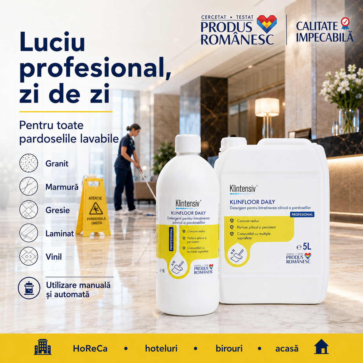 Instrucțiuni utilizare Klintensiv KLINFLOOR DAILY diluție 0,5-2% mop și mașini automate