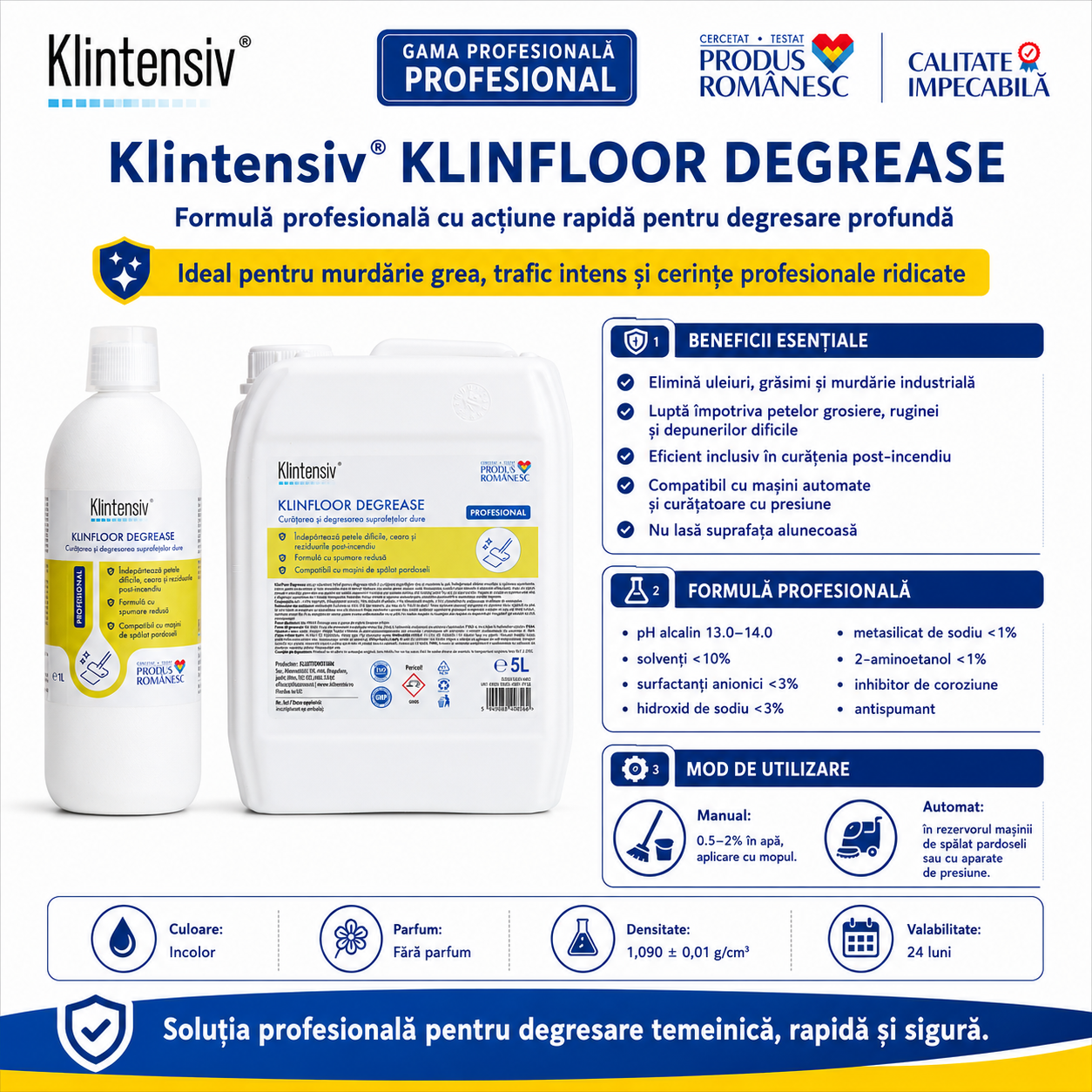 Instrucțiuni utilizare Klintensiv KLINFLOOR DEGREASE diluție 0,5-2% mop mașini automate și presiune