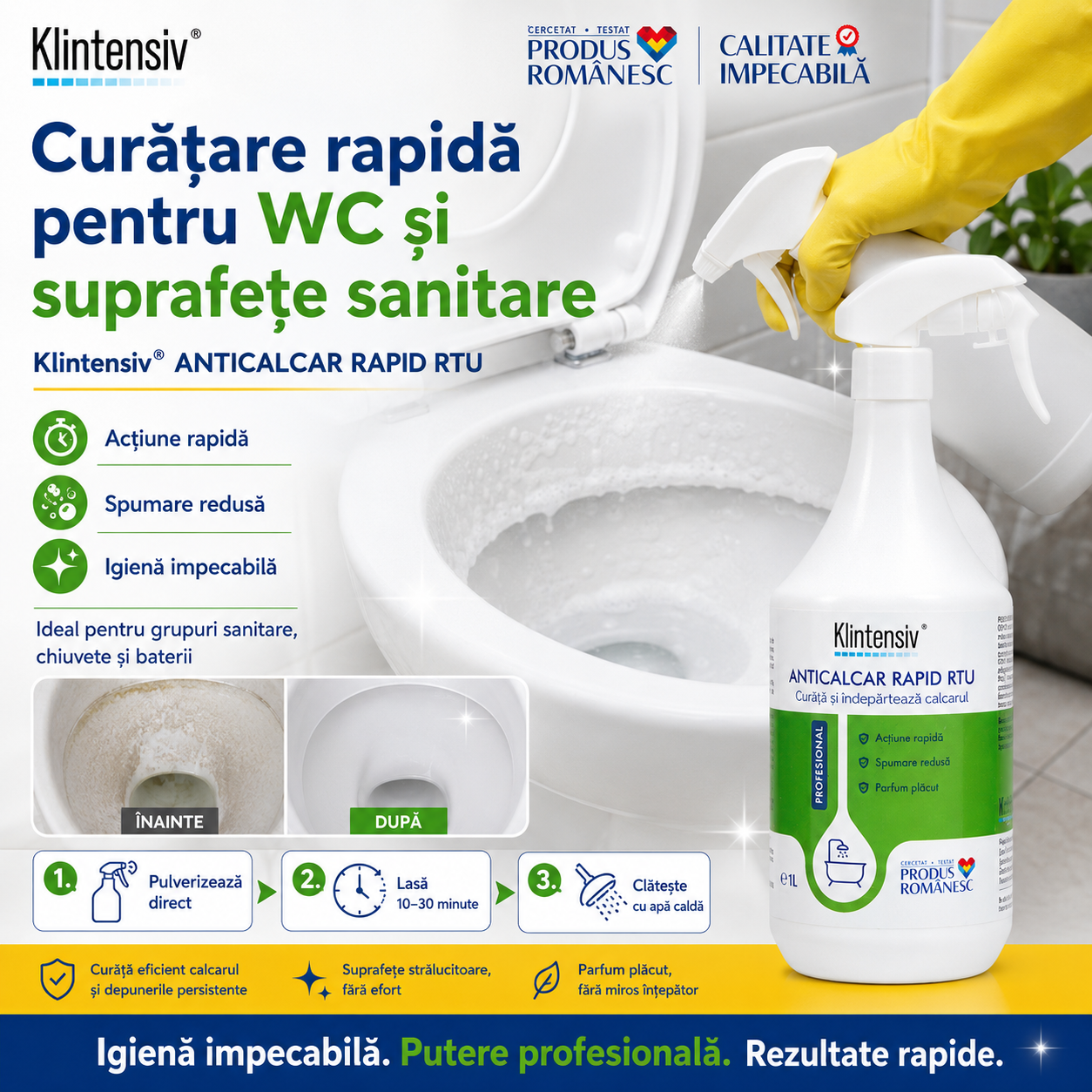 Instrucțiuni utilizare Klintensiv Anticalcar Rapid RTU aplicare nediluată ștergere și clătire