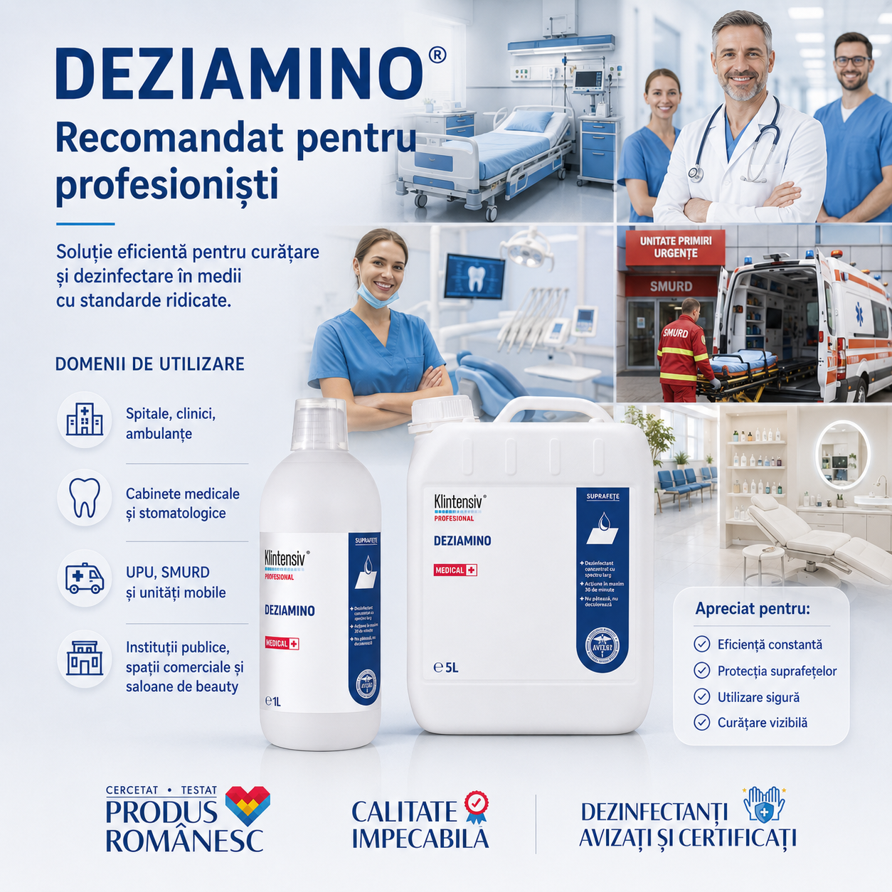 Instrucțiuni utilizare Deziamino diluție 0,2-5% suprafețe și 0,5-1% instrumentar