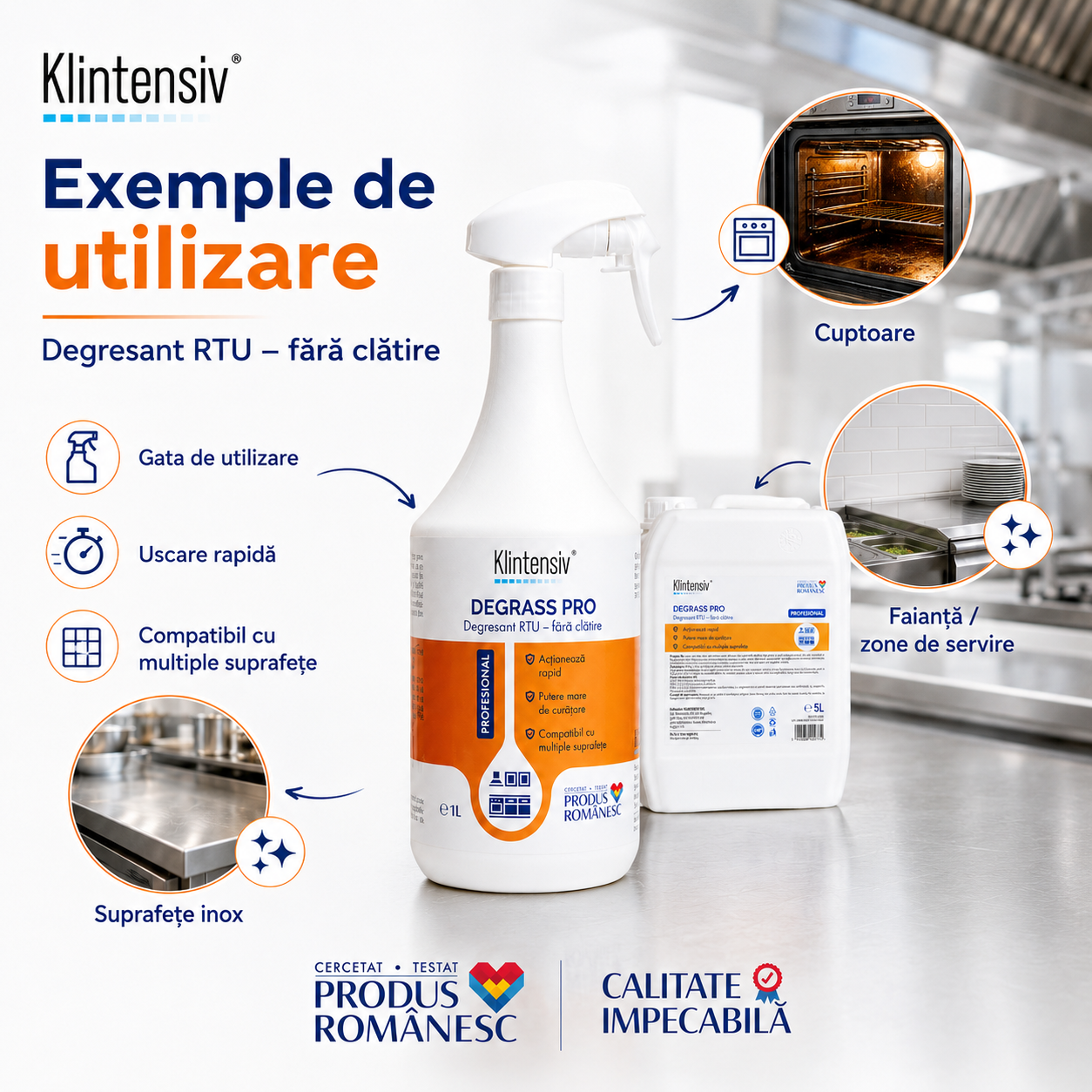 Instrucțiuni utilizare Klintensiv DEGRASS Pro aplicare directă 30-45 secunde ștergere cu lavetă