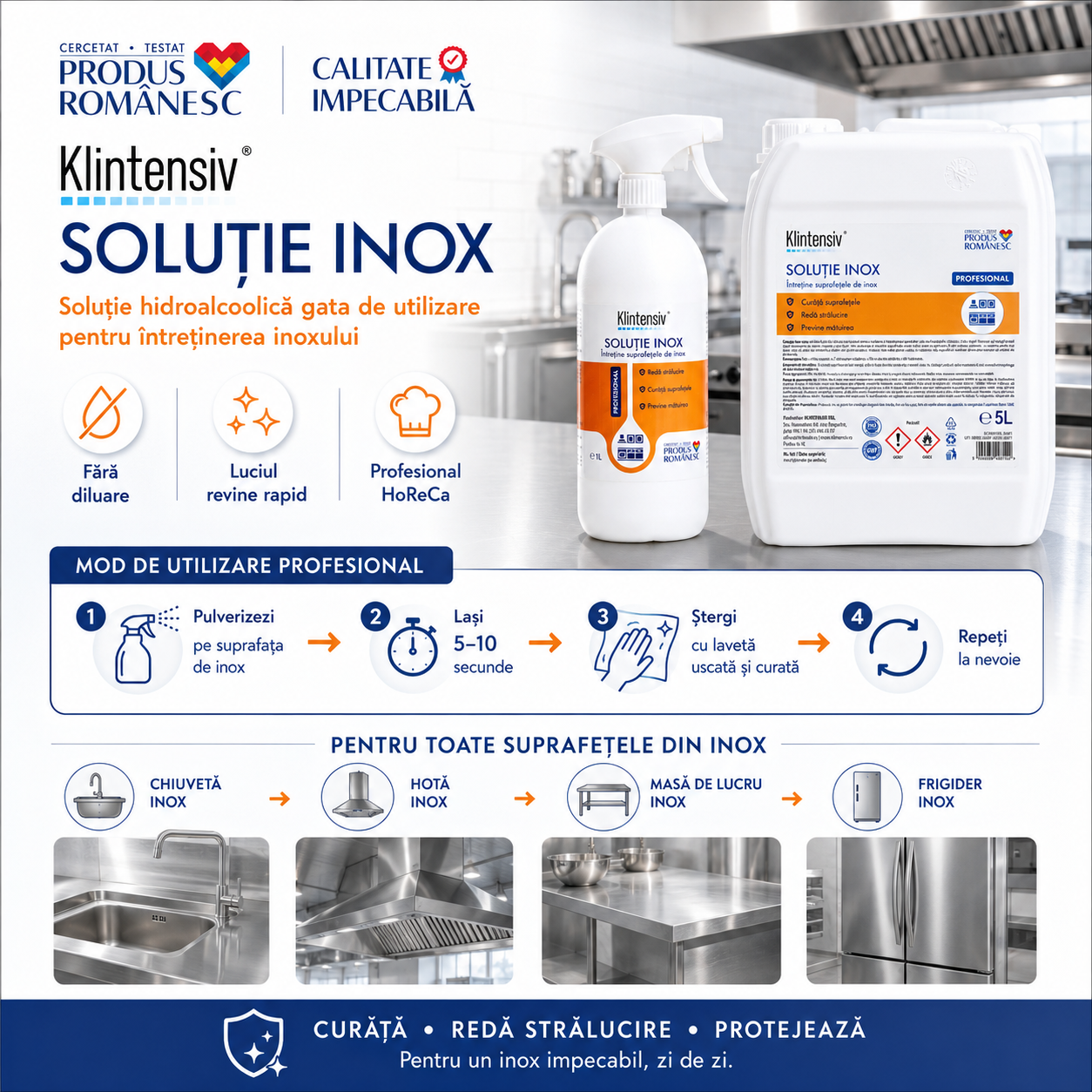 Instrucțiuni utilizare Klintensiv Soluție Inox pulverizare 5-10 secunde ștergere cu lavetă uscată