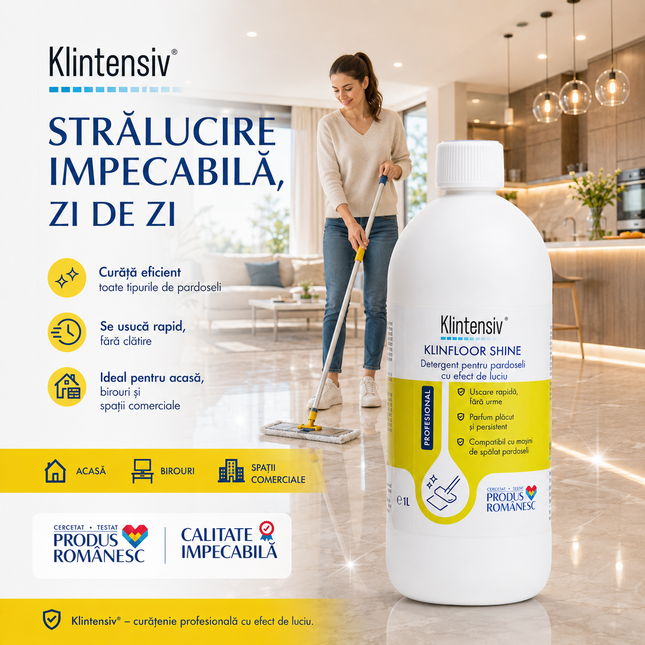 Instrucțiuni utilizare Klintensiv KLINFLOOR SHINE diluție 0,5-2% mop și mașini de curățat pardoseli