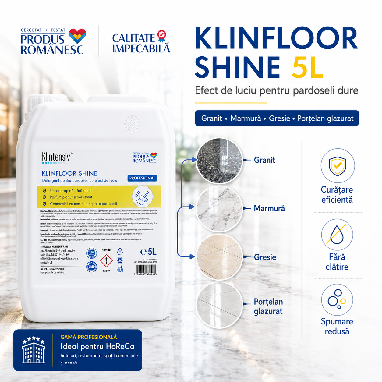 Instrucțiuni utilizare Klintensiv KLINFLOOR SHINE diluție 0,5-2% mop și mașini de curățat pardoseli