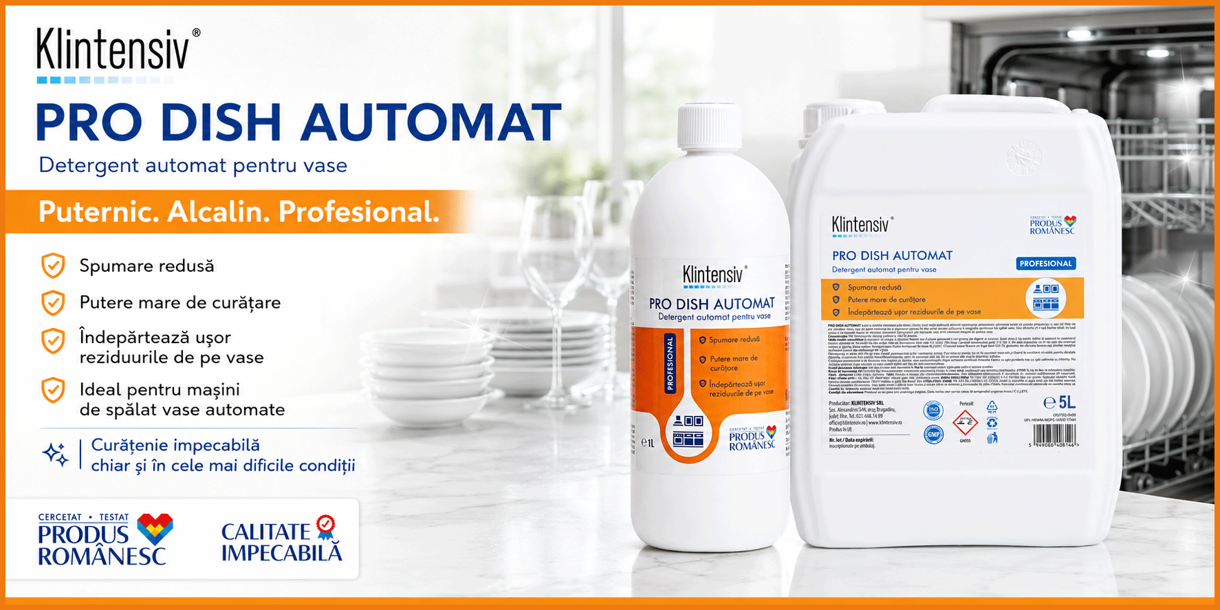 Detergent vase pentru mașini automate Klintensiv PRO DISH, profesional alcalin, concentrat, spumare redusă, pentru grăsime &icirc;ntărită, pete de cafea, ceai, ou și amidon