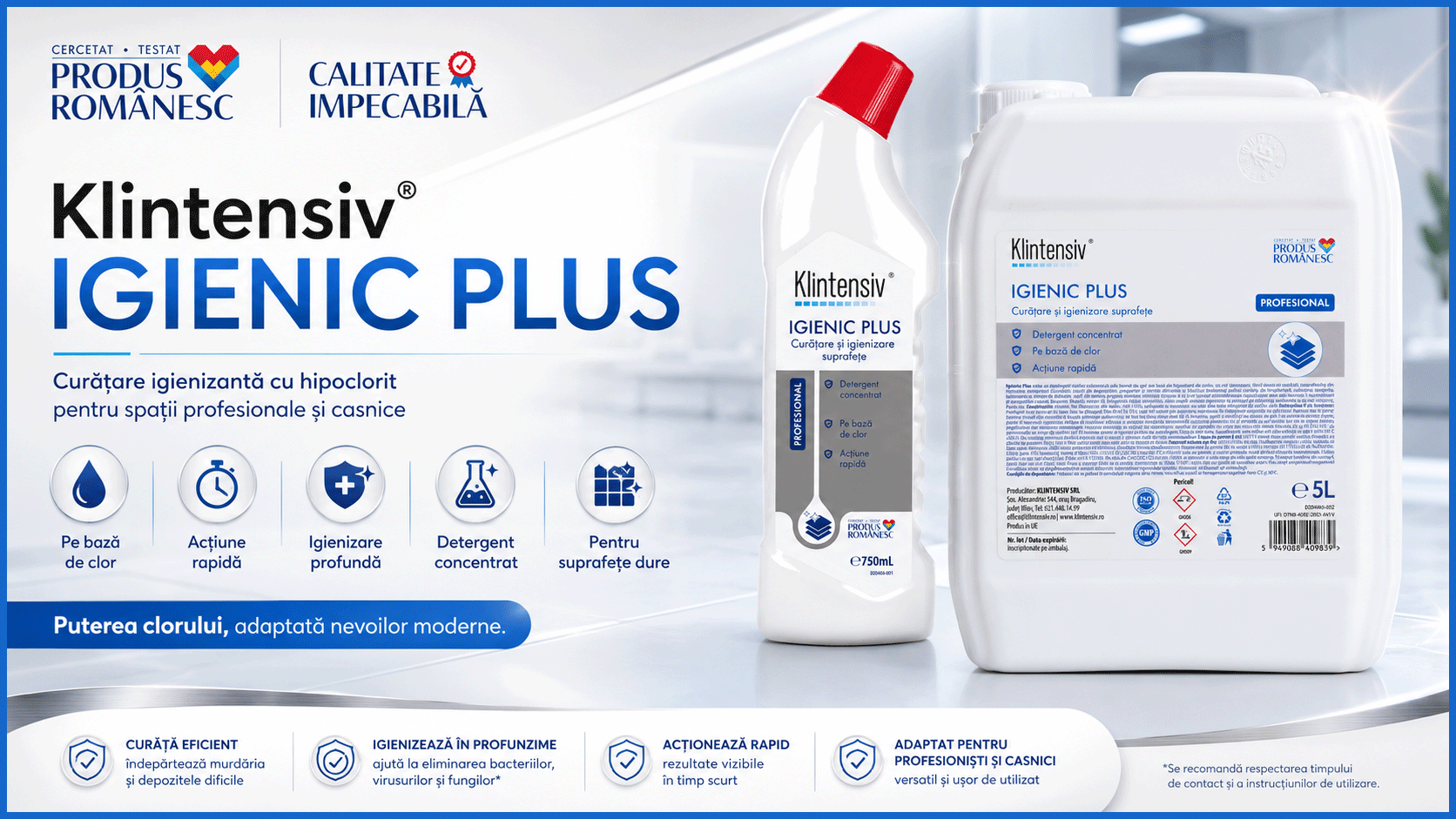 Klintensiv Igienic Plus detergent igienizant cu hipoclorit pentru suprafețe dure