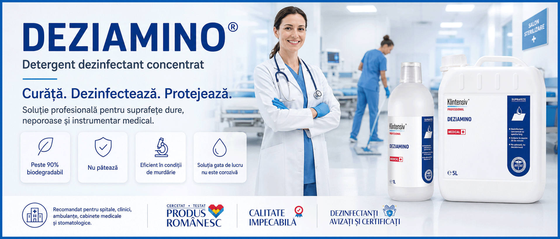 Deziamino detergent dezinfectant concentrat pentru suprafețe și instrumentar medical