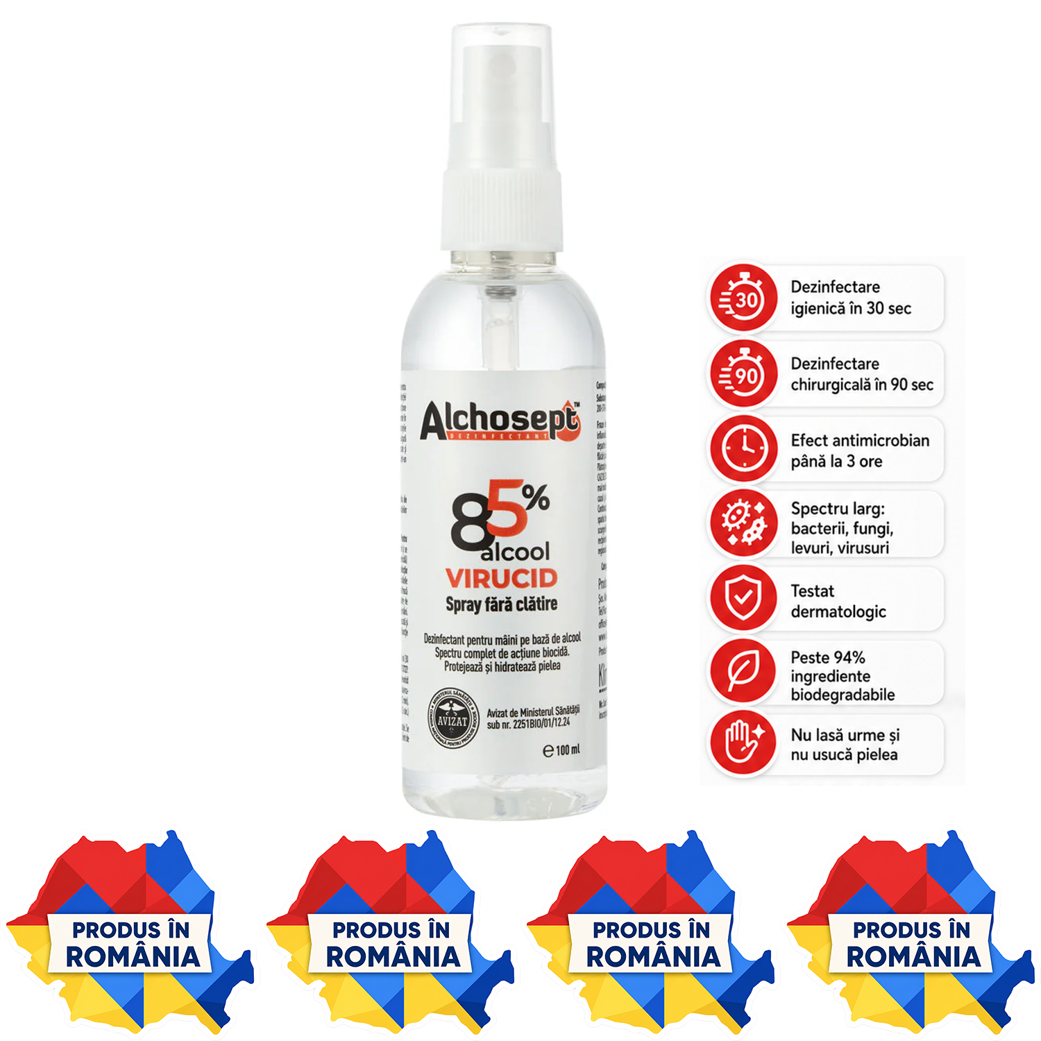 Alchosept dezinfectant mâini și piele 85% etanol variante 40 ml 100 ml 250 ml 500 ml 1 L și 5 L