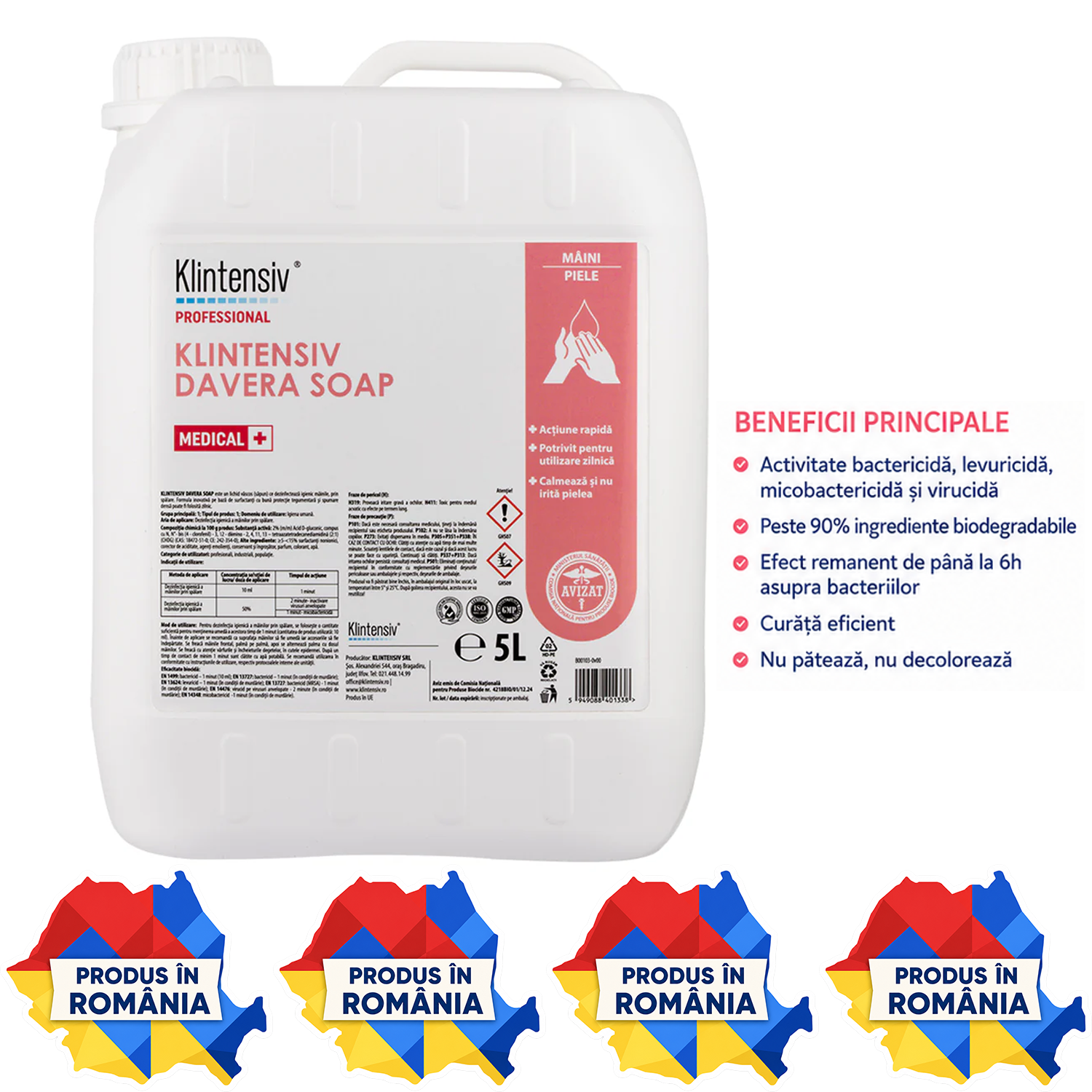 Klintensiv Davera Soap săpun dezinfectant cu clorhexidină 2% variante 500 ml 1 L și 5 L