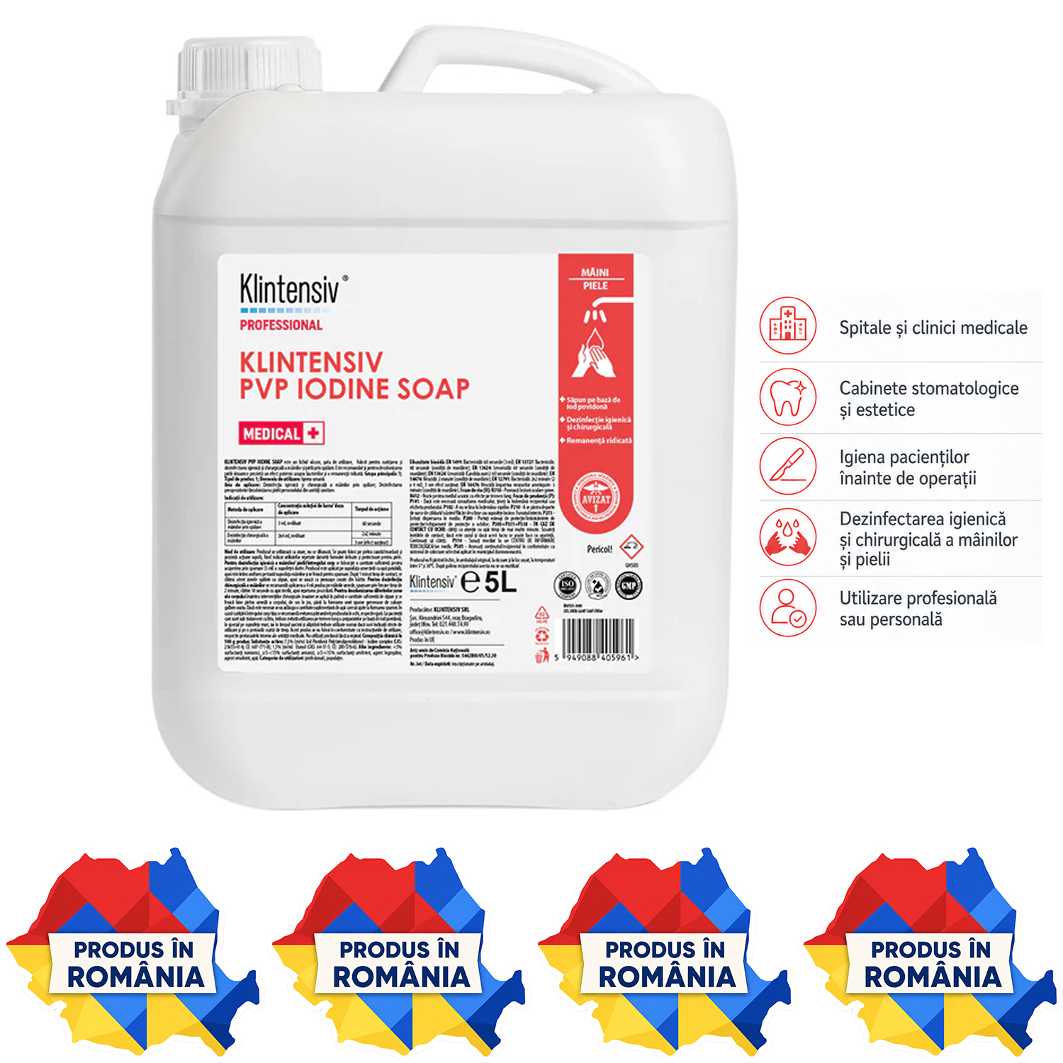 Klintensiv PVP Iodine Soap săpun chirurgical cu iod povidonă 7,5% 500 ml 1 L și 5 L