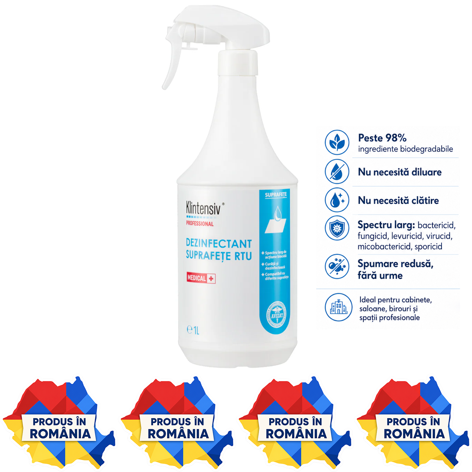 Klintensiv Dezinfectant Suprafețe RTU variante 500 ml 1 L și 5 L