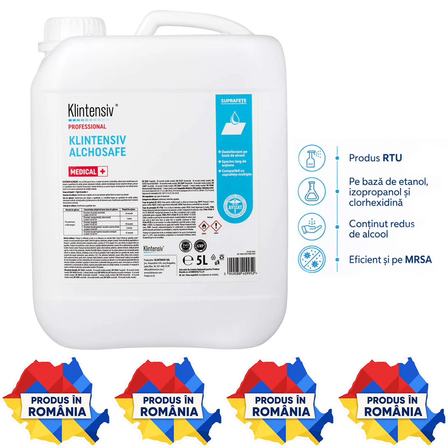 Klintensiv Alchosafe dezinfectant suprafețe 1 L și 5 L