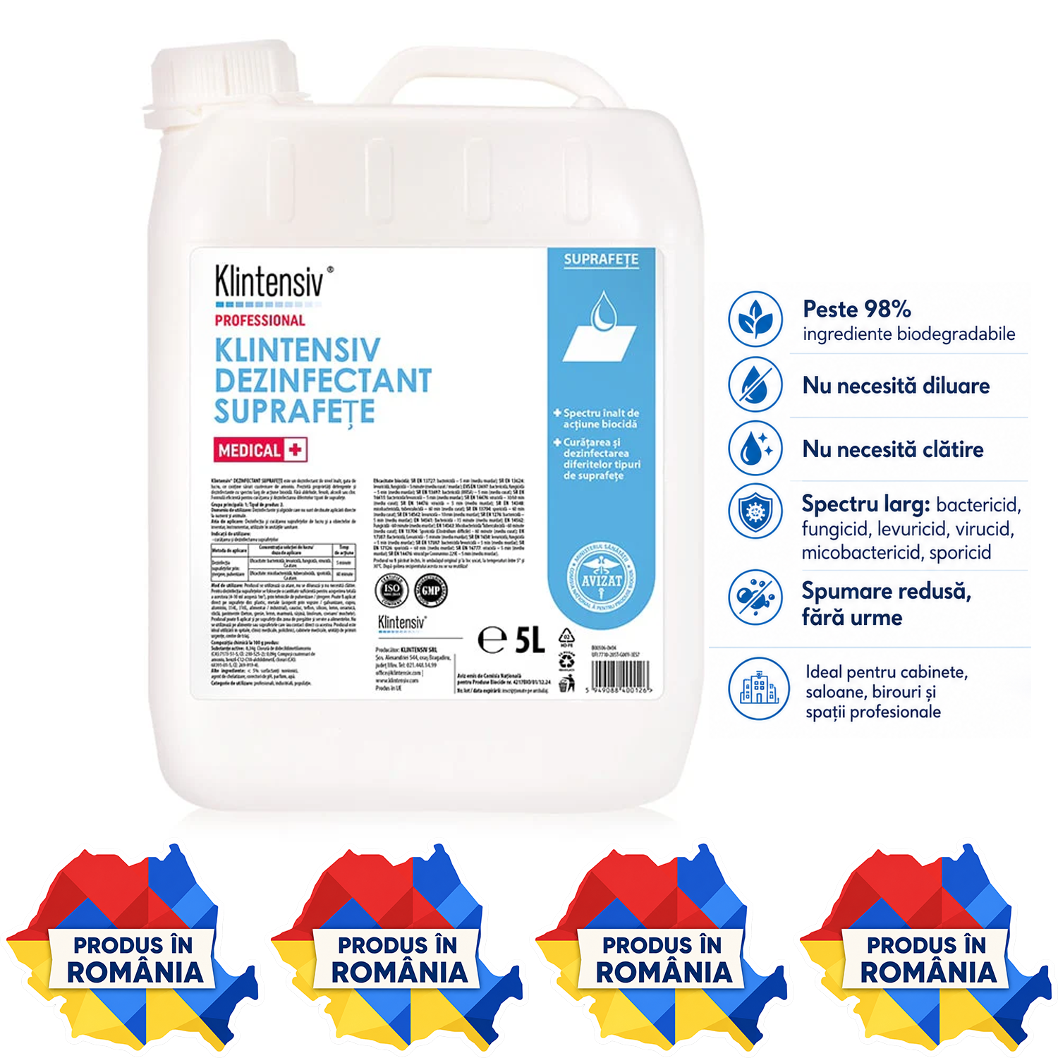 Klintensiv Dezinfectant Suprafețe RTU variante 500 ml 1 L și 5 L