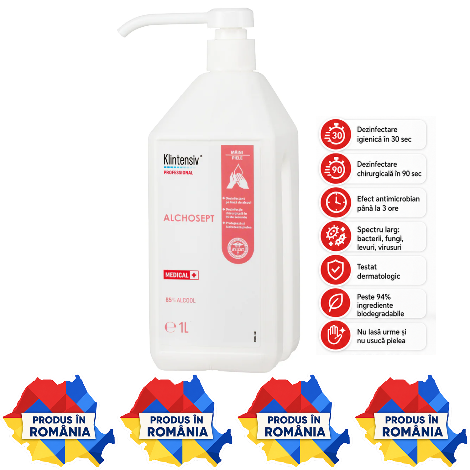 Alchosept dezinfectant mâini și piele 85% etanol variante 40 ml 100 ml 250 ml 500 ml 1 L și 5 L