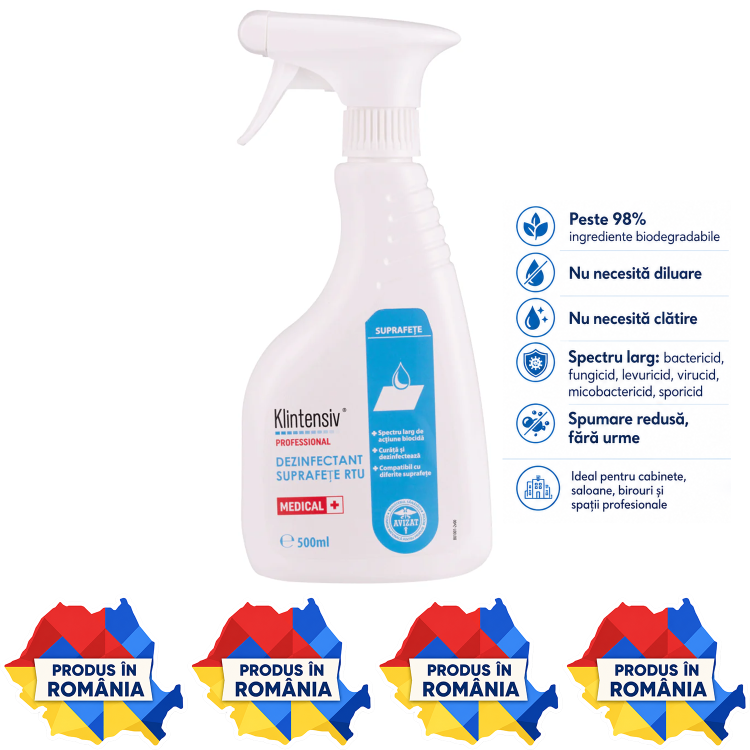 Klintensiv Dezinfectant Suprafețe RTU variante 500 ml 1 L și 5 L