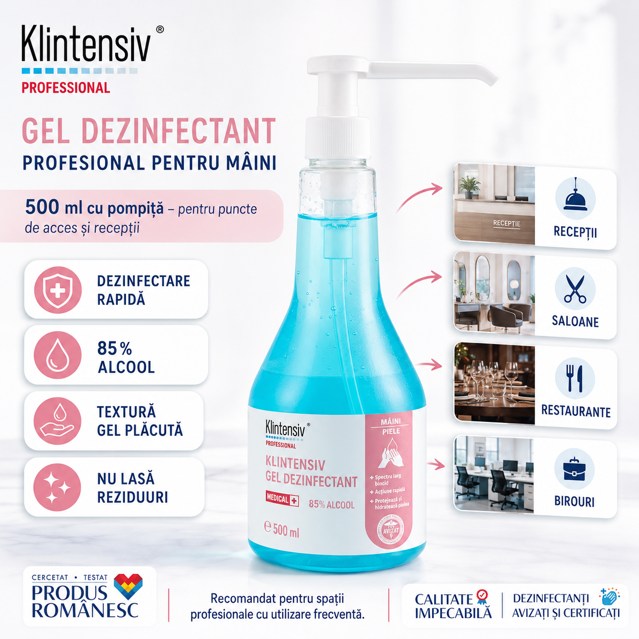 Gel dezinfectant Klintensiv cu 85% etanol pentru igiena m&acirc;inilor fără clătire