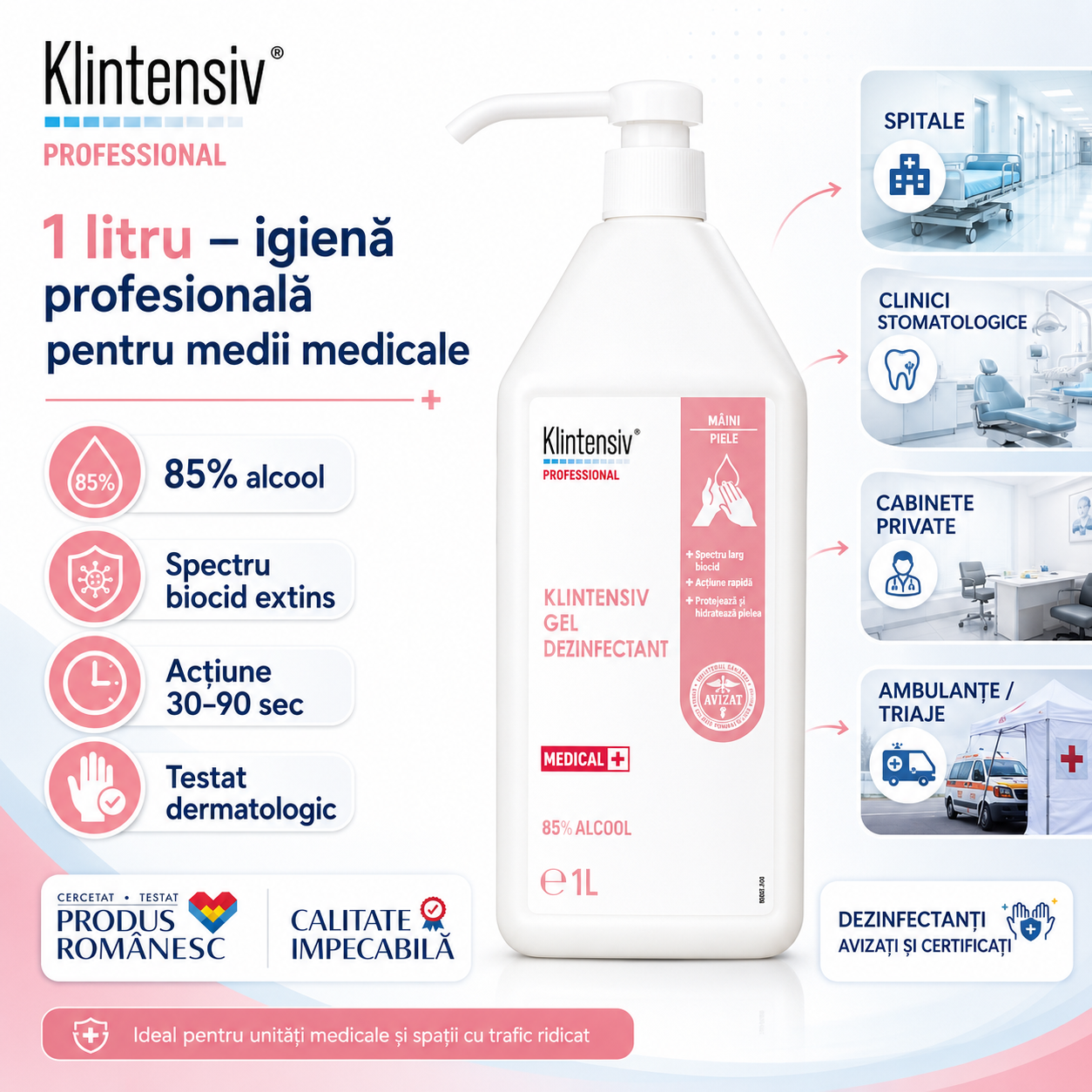 Gel dezinfectant Klintensiv cu 85% etanol pentru igiena mâinilor fără clătire