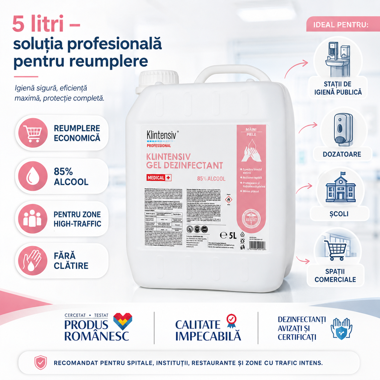 Gel dezinfectant Klintensiv cu 85% etanol pentru igiena m&acirc;inilor fără clătire